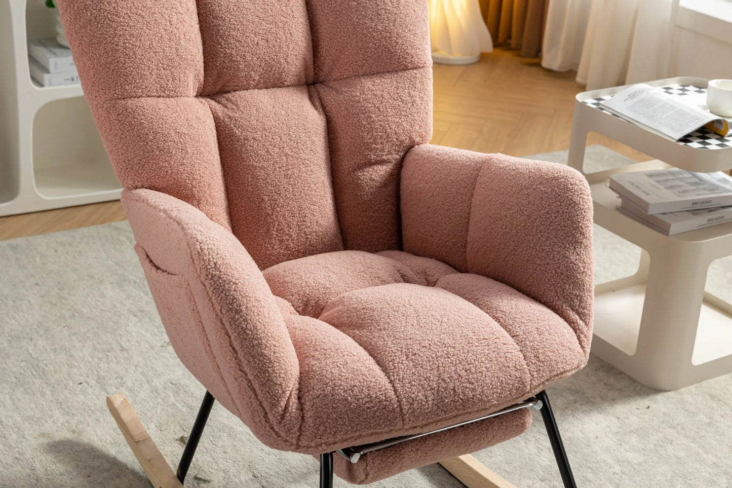 Teddy Fabric Leisure Rocking Chair With Adjustable Footstool, Nursery Rocking Chair, High Backrest, Storage Pocket On The Right Side, The Base Rocker Is Solid Wood And Metal, Dark Gray detail view 42