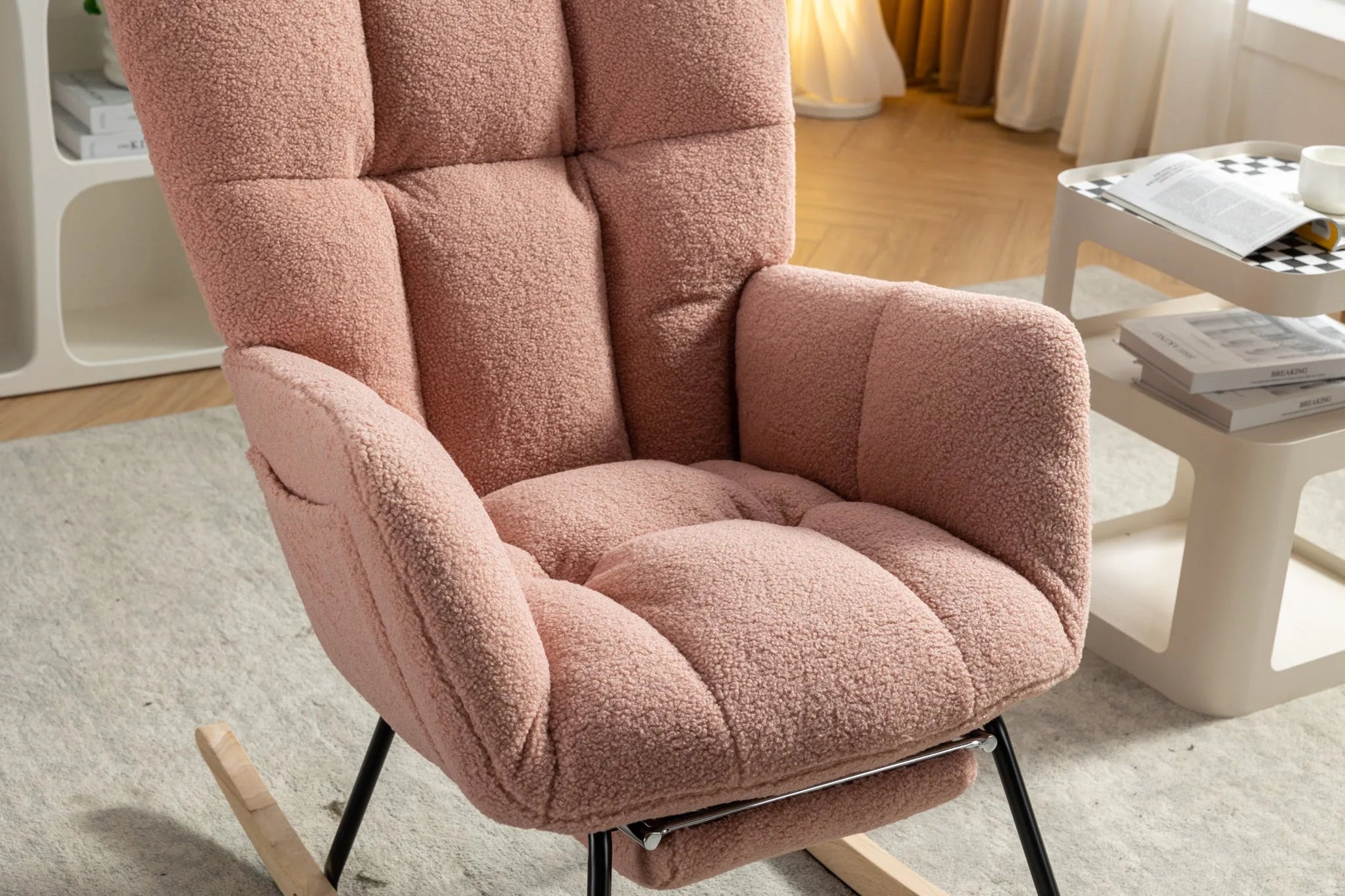 Teddy Fabric Leisure Rocking Chair With Adjustable Footstool, Nursery Rocking Chair, High Backrest, Storage Pocket On The Right Side, The Base Rocker Is Solid Wood And Metal, Dark Gray detail view 42