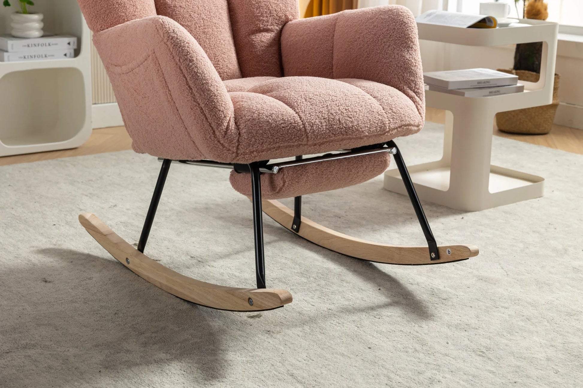 Teddy Fabric Leisure Rocking Chair With Adjustable Footstool, Nursery Rocking Chair, High Backrest, Storage Pocket On The Right Side, The Base Rocker Is Solid Wood And Metal, Dark Gray detail view 44