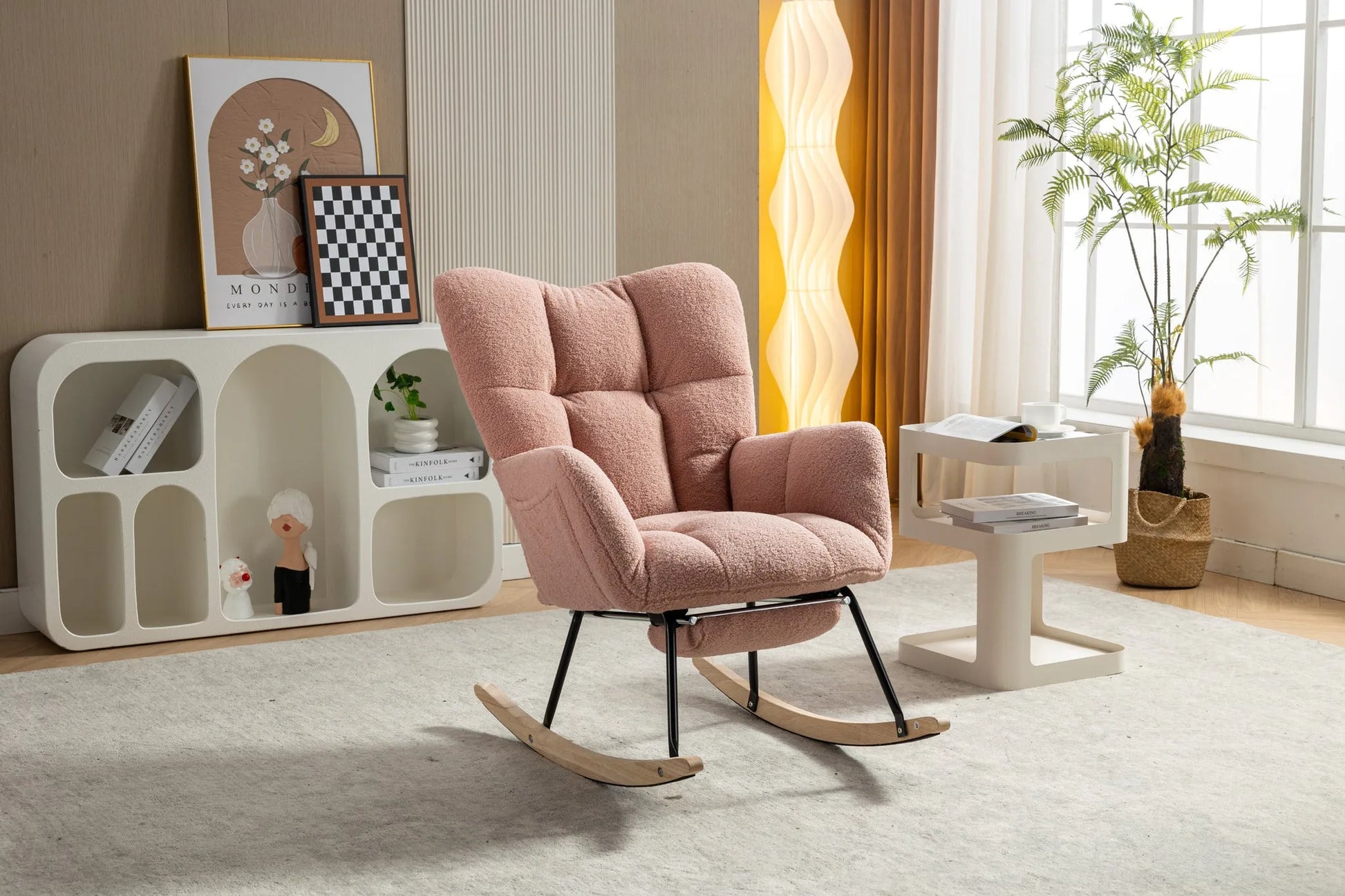 Teddy Fabric Leisure Rocking Chair With Adjustable Footstool, Nursery Rocking Chair, High Backrest, Storage Pocket On The Right Side, The Base Rocker Is Solid Wood And Metal, Dark Gray detail view 45