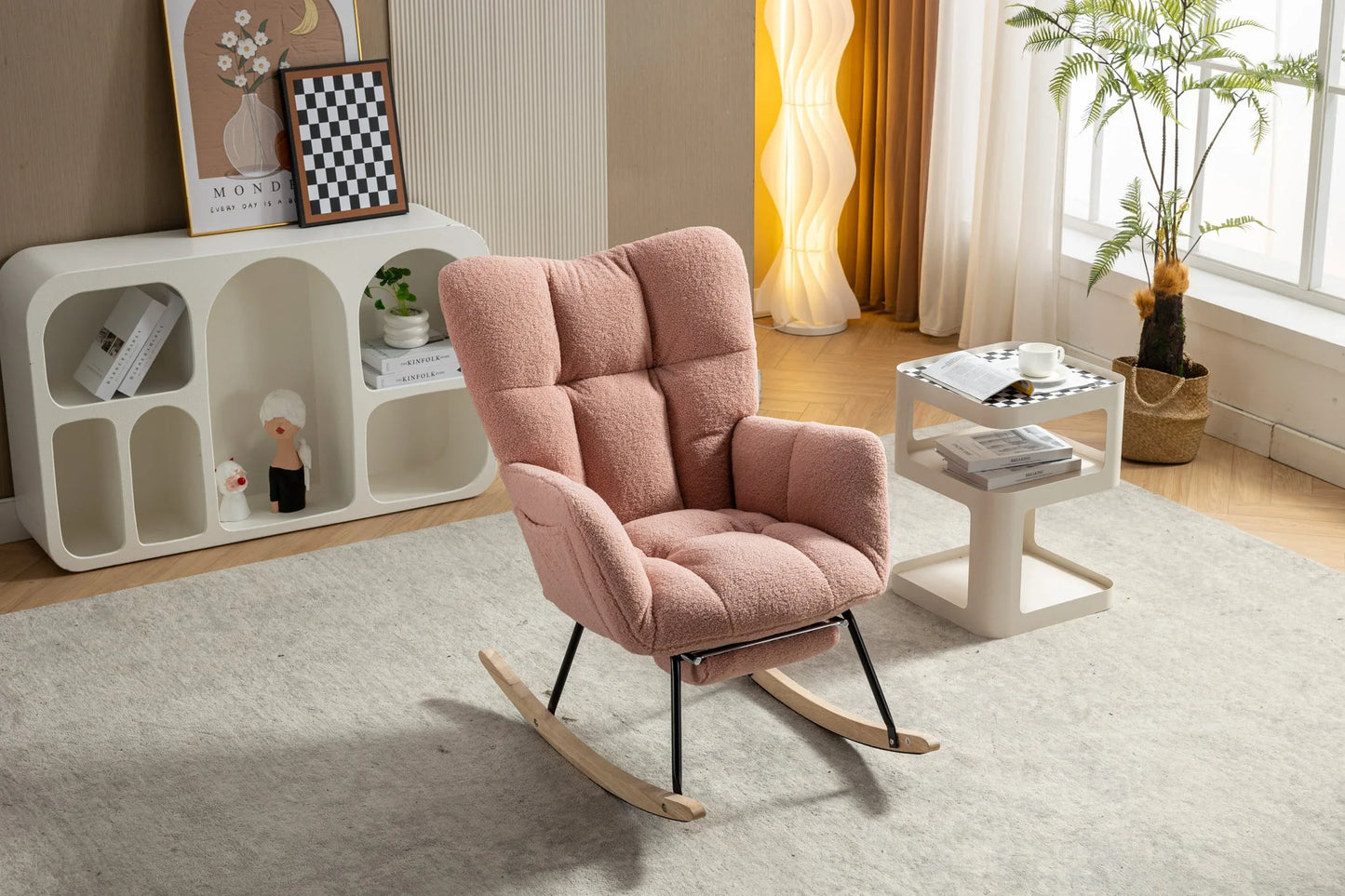 Teddy Fabric Leisure Rocking Chair With Adjustable Footstool, Nursery Rocking Chair, High Backrest, Storage Pocket On The Right Side, The Base Rocker Is Solid Wood And Metal, Dark Gray detail view 46