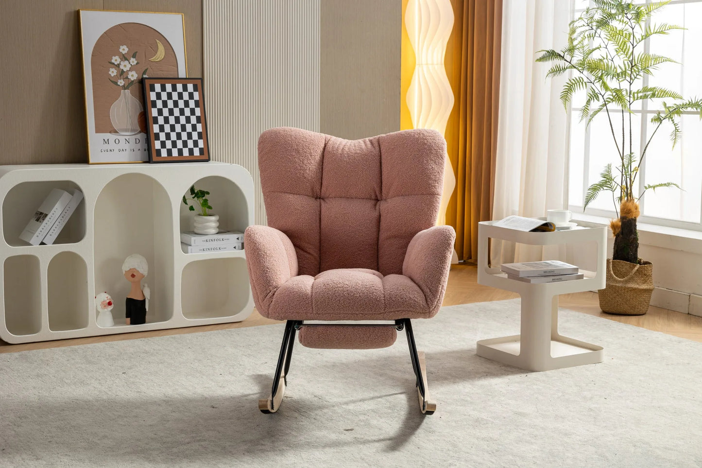 Teddy Fabric Leisure Rocking Chair With Adjustable Footstool, Nursery Rocking Chair, High Backrest, Storage Pocket On The Right Side, The Base Rocker Is Solid Wood And Metal, Dark Gray detail view 47