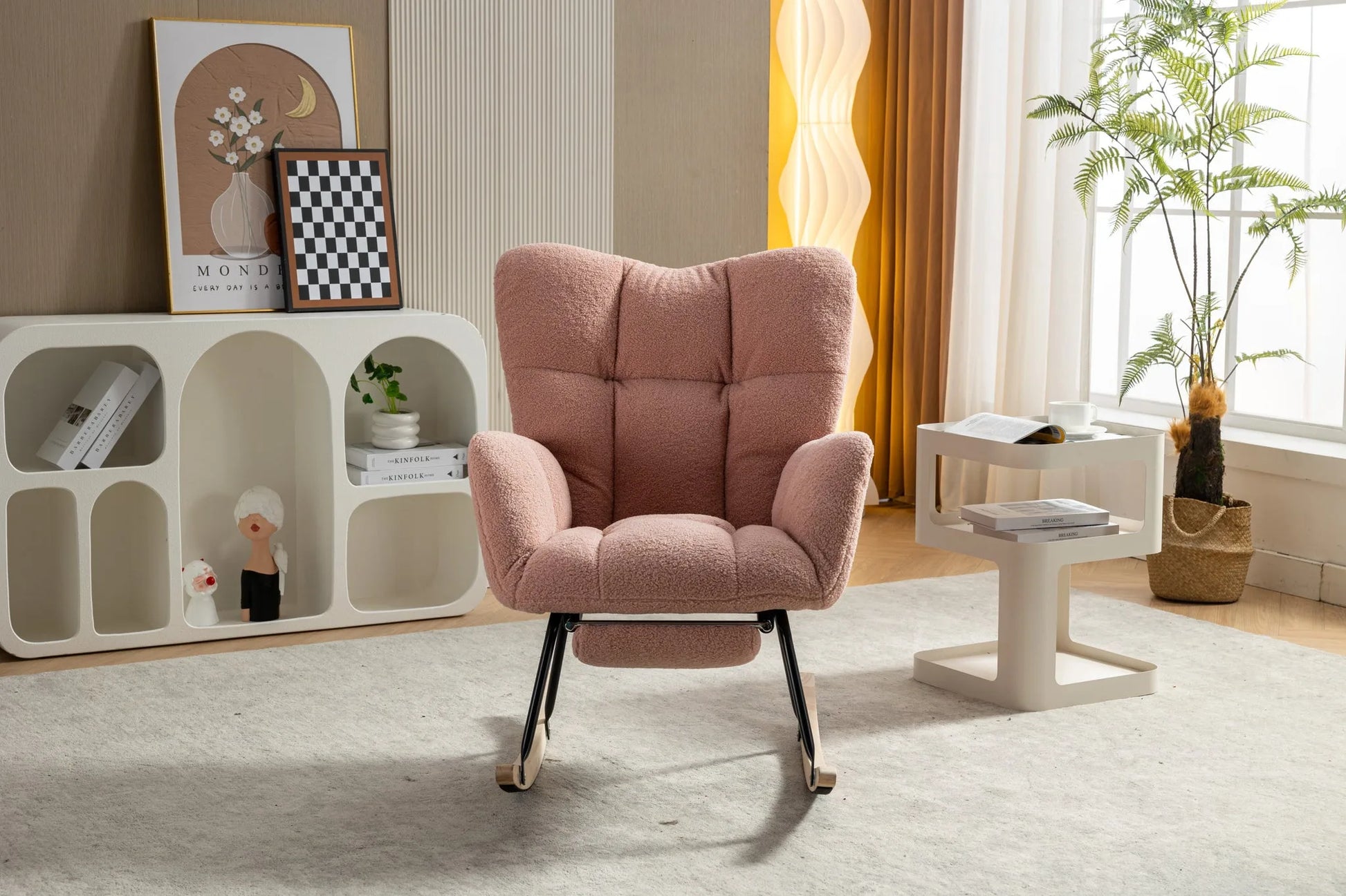 Teddy Fabric Leisure Rocking Chair With Adjustable Footstool, Nursery Rocking Chair, High Backrest, Storage Pocket On The Right Side, The Base Rocker Is Solid Wood And Metal, Dark Gray detail view 47