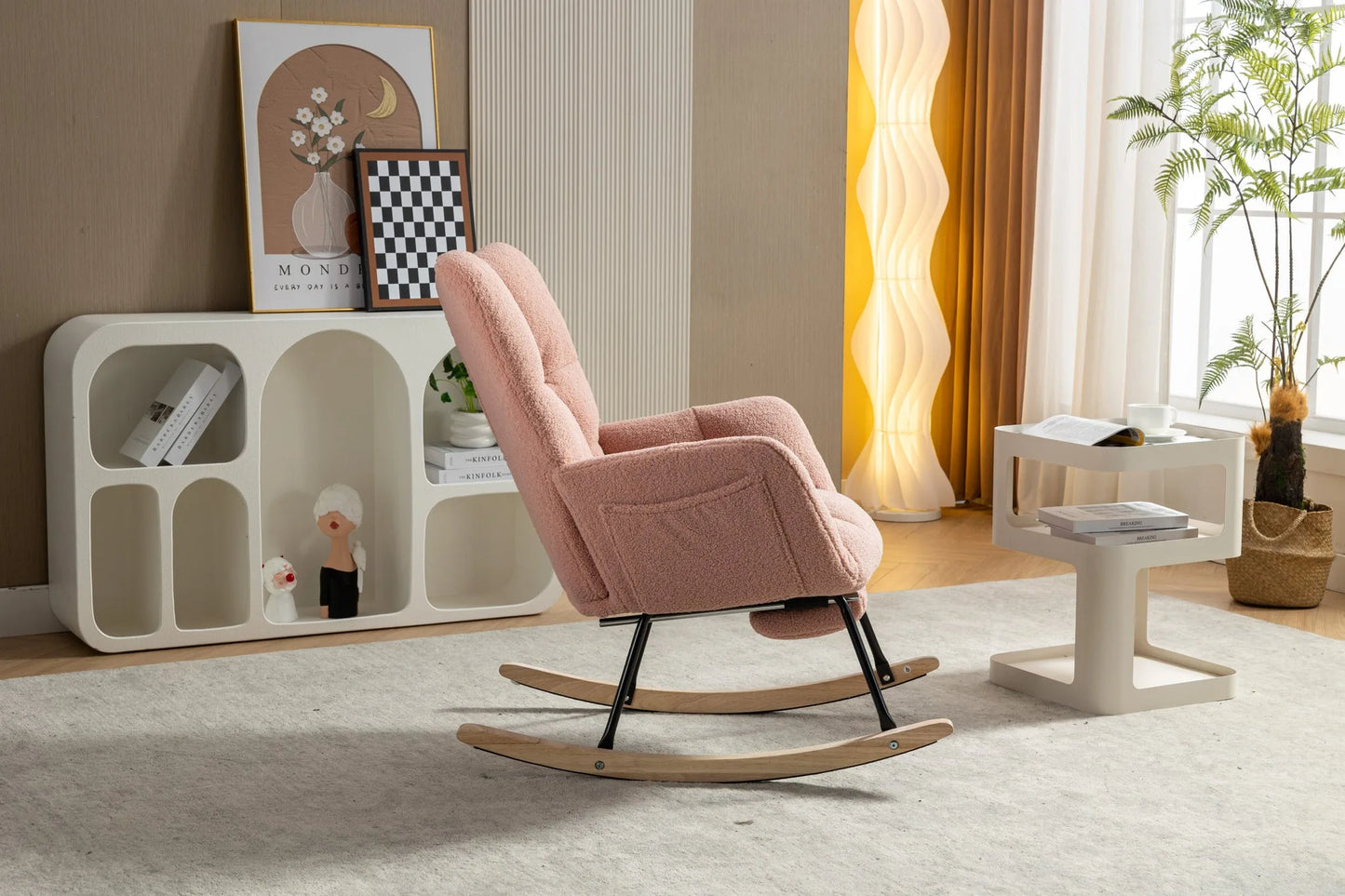 Teddy Fabric Leisure Rocking Chair With Adjustable Footstool, Nursery Rocking Chair, High Backrest, Storage Pocket On The Right Side, The Base Rocker Is Solid Wood And Metal, Dark Gray detail view 48
