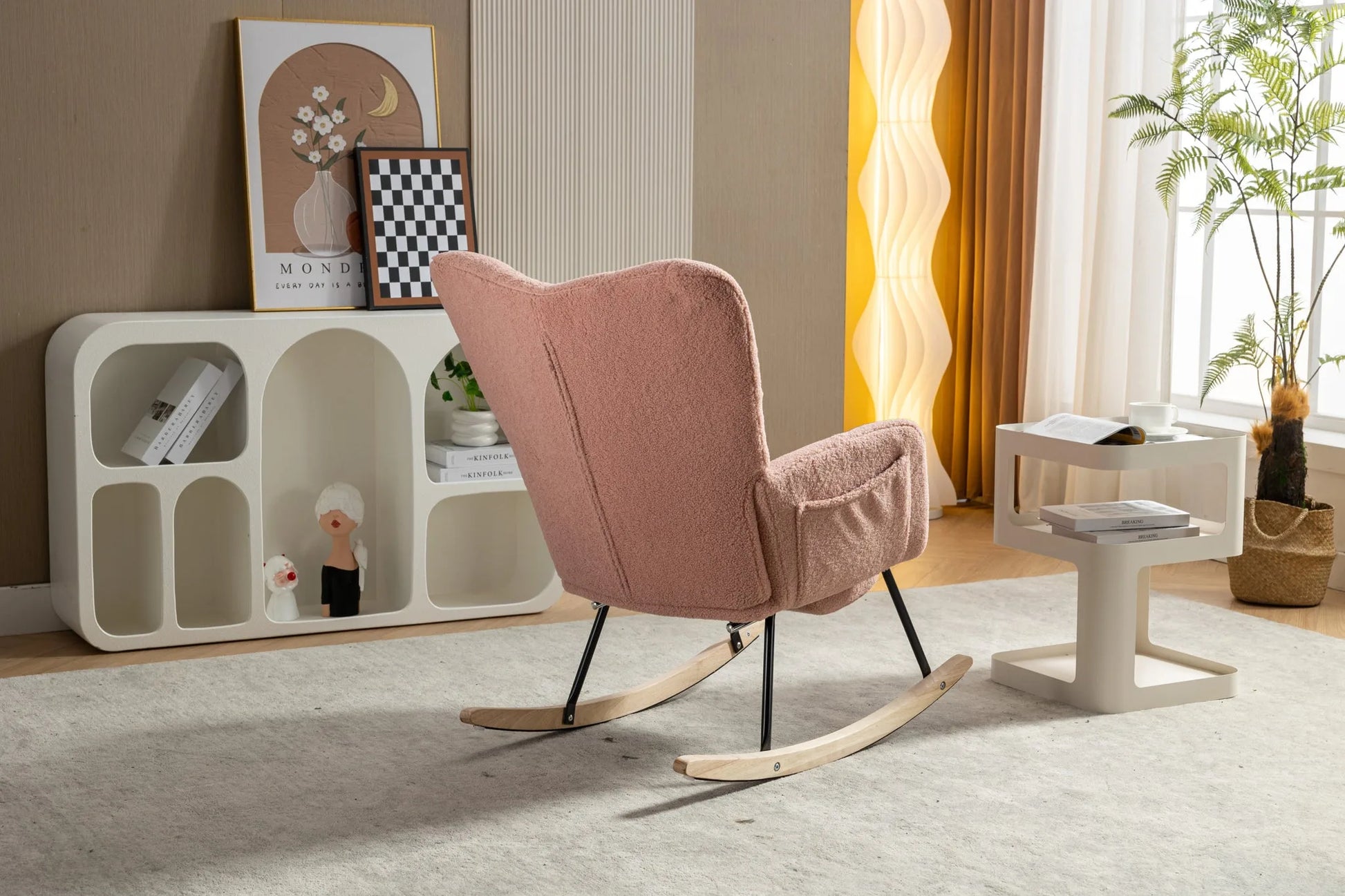 Teddy Fabric Leisure Rocking Chair With Adjustable Footstool, Nursery Rocking Chair, High Backrest, Storage Pocket On The Right Side, The Base Rocker Is Solid Wood And Metal, Dark Gray detail view 49