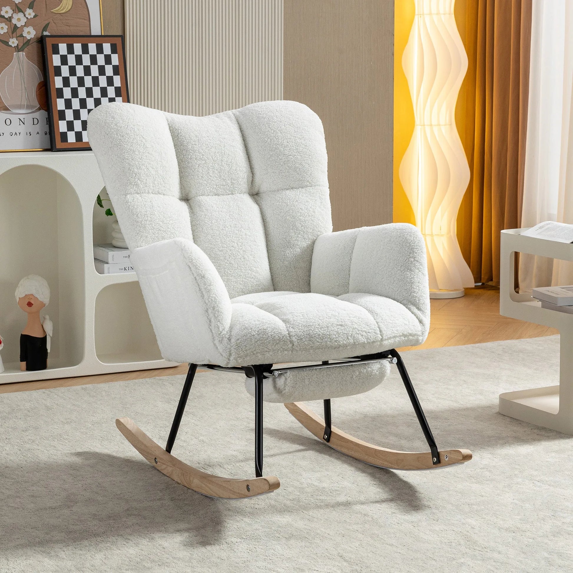 Teddy Fabric Leisure Rocking Chair With Adjustable Footstool, Nursery Rocking Chair, High Backrest, Storage Pocket On The Right Side, The Base Rocker Is Solid Wood And Metal, Dark Gray detail view 55
