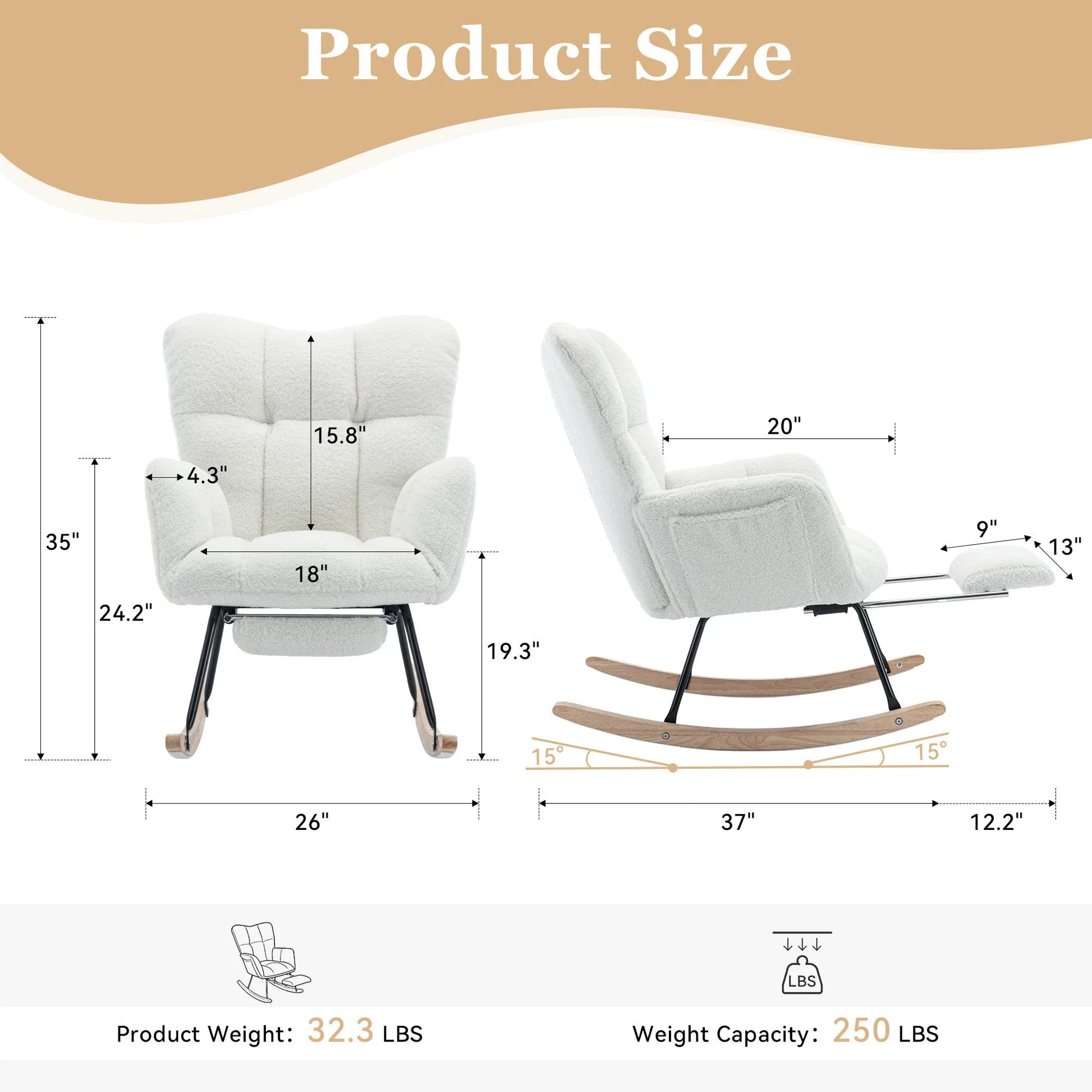 Teddy Fabric Leisure Rocking Chair With Adjustable Footstool, Nursery Rocking Chair, High Backrest, Storage Pocket On The Right Side, The Base Rocker Is Solid Wood And Metal, Dark Gray detail view 56