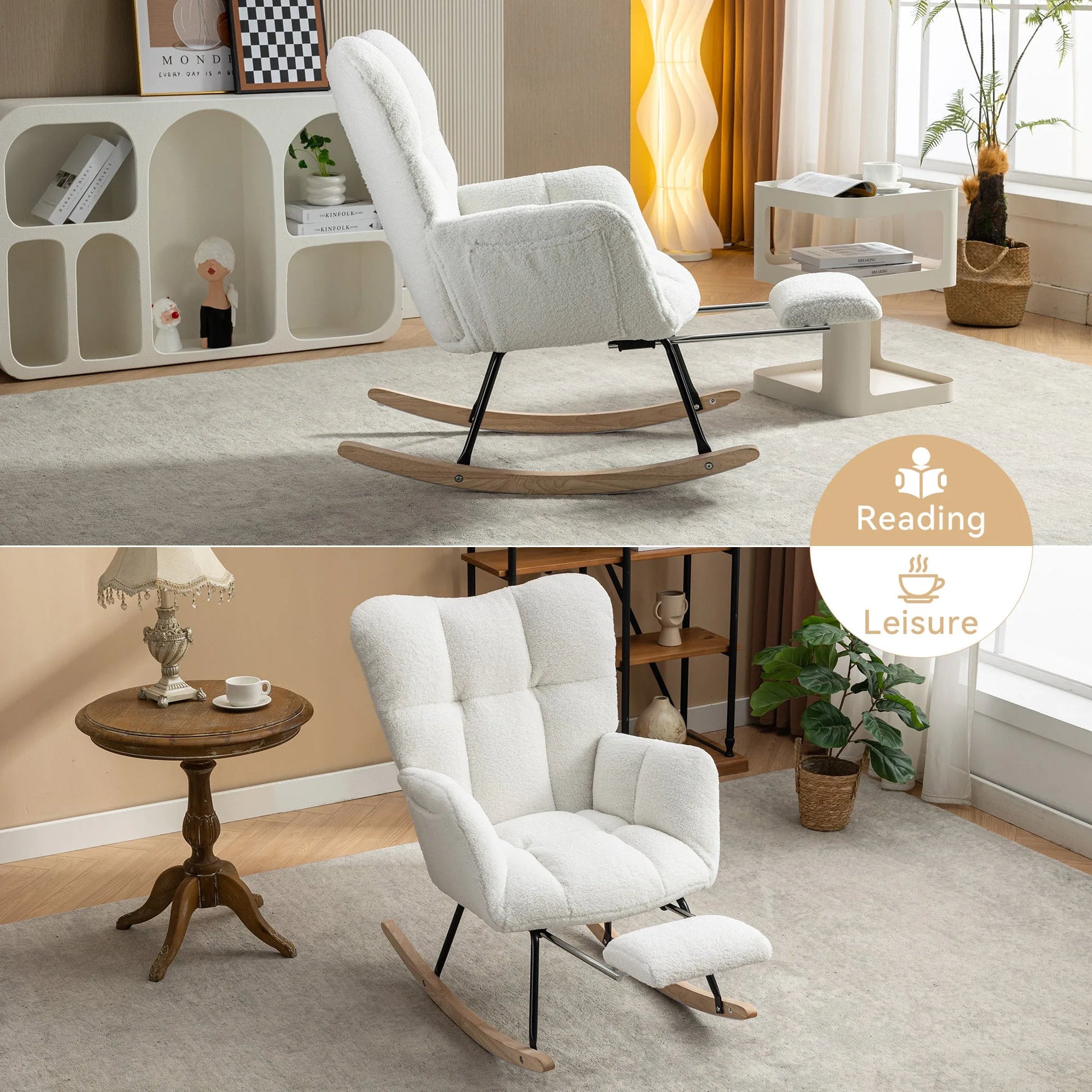 Teddy Fabric Leisure Rocking Chair With Adjustable Footstool, Nursery Rocking Chair, High Backrest, Storage Pocket On The Right Side, The Base Rocker Is Solid Wood And Metal, Dark Gray detail view 60