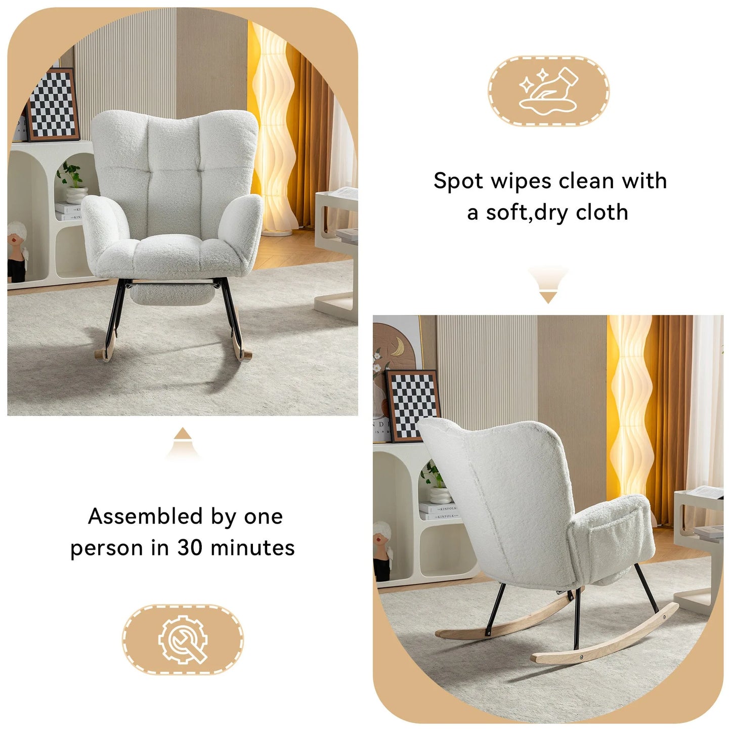 Teddy Fabric Leisure Rocking Chair With Adjustable Footstool, Nursery Rocking Chair, High Backrest, Storage Pocket On The Right Side, The Base Rocker Is Solid Wood And Metal, Dark Gray detail view 61