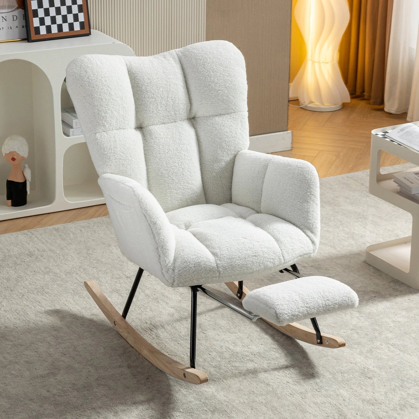 Teddy Fabric Leisure Rocking Chair With Adjustable Footstool, Nursery Rocking Chair, High Backrest, Storage Pocket On The Right Side, The Base Rocker Is Solid Wood And Metal, Dark Gray detail view 62