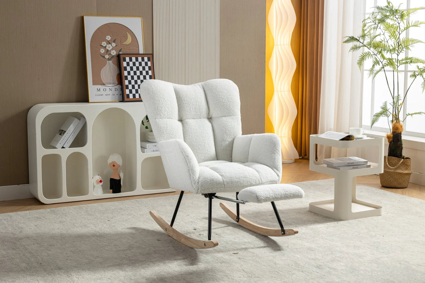 Teddy Fabric Leisure Rocking Chair With Adjustable Footstool, Nursery Rocking Chair, High Backrest, Storage Pocket On The Right Side, The Base Rocker Is Solid Wood And Metal, Dark Gray detail view 63