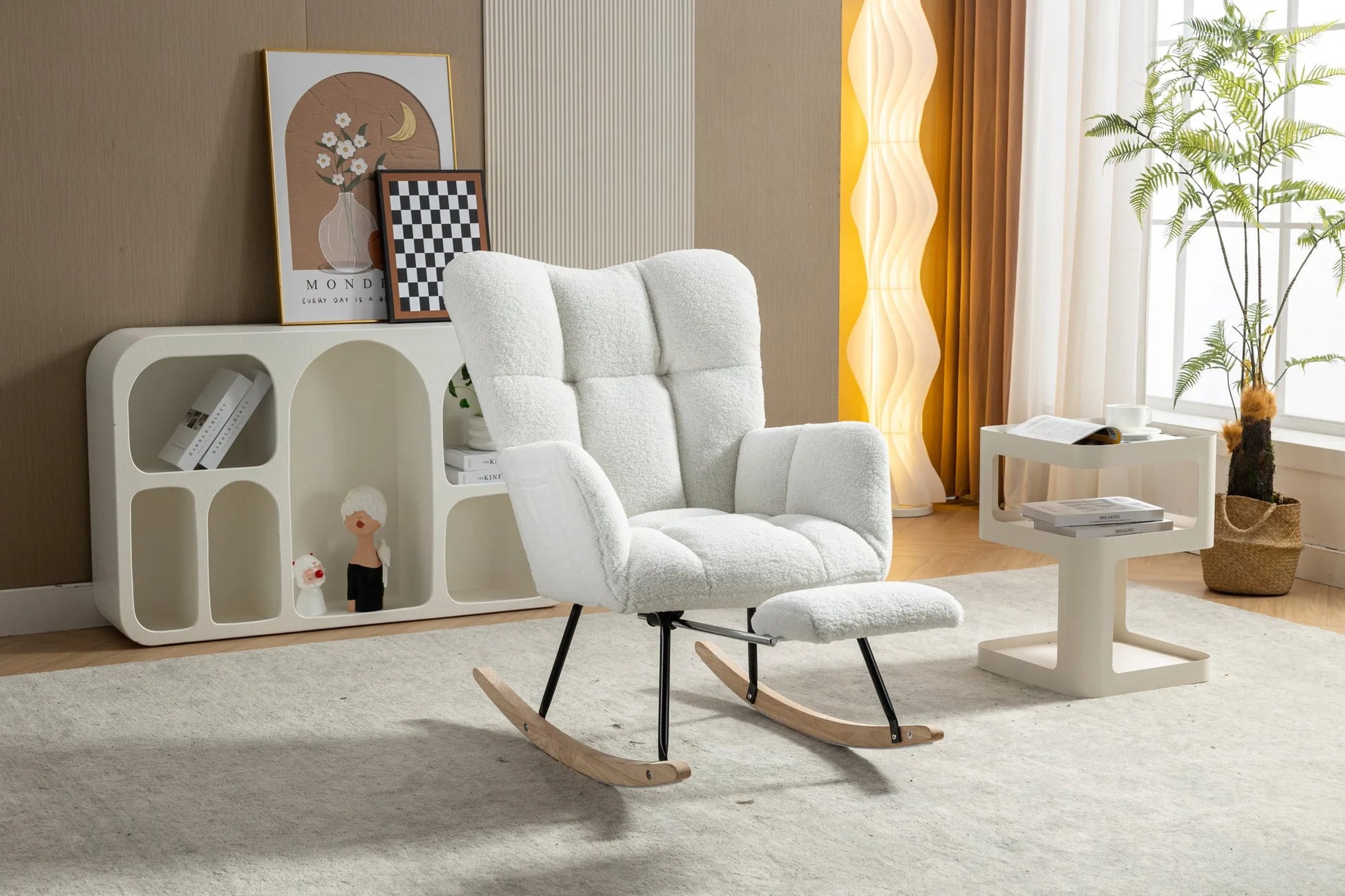Teddy Fabric Leisure Rocking Chair With Adjustable Footstool, Nursery Rocking Chair, High Backrest, Storage Pocket On The Right Side, The Base Rocker Is Solid Wood And Metal, Dark Gray detail view 63