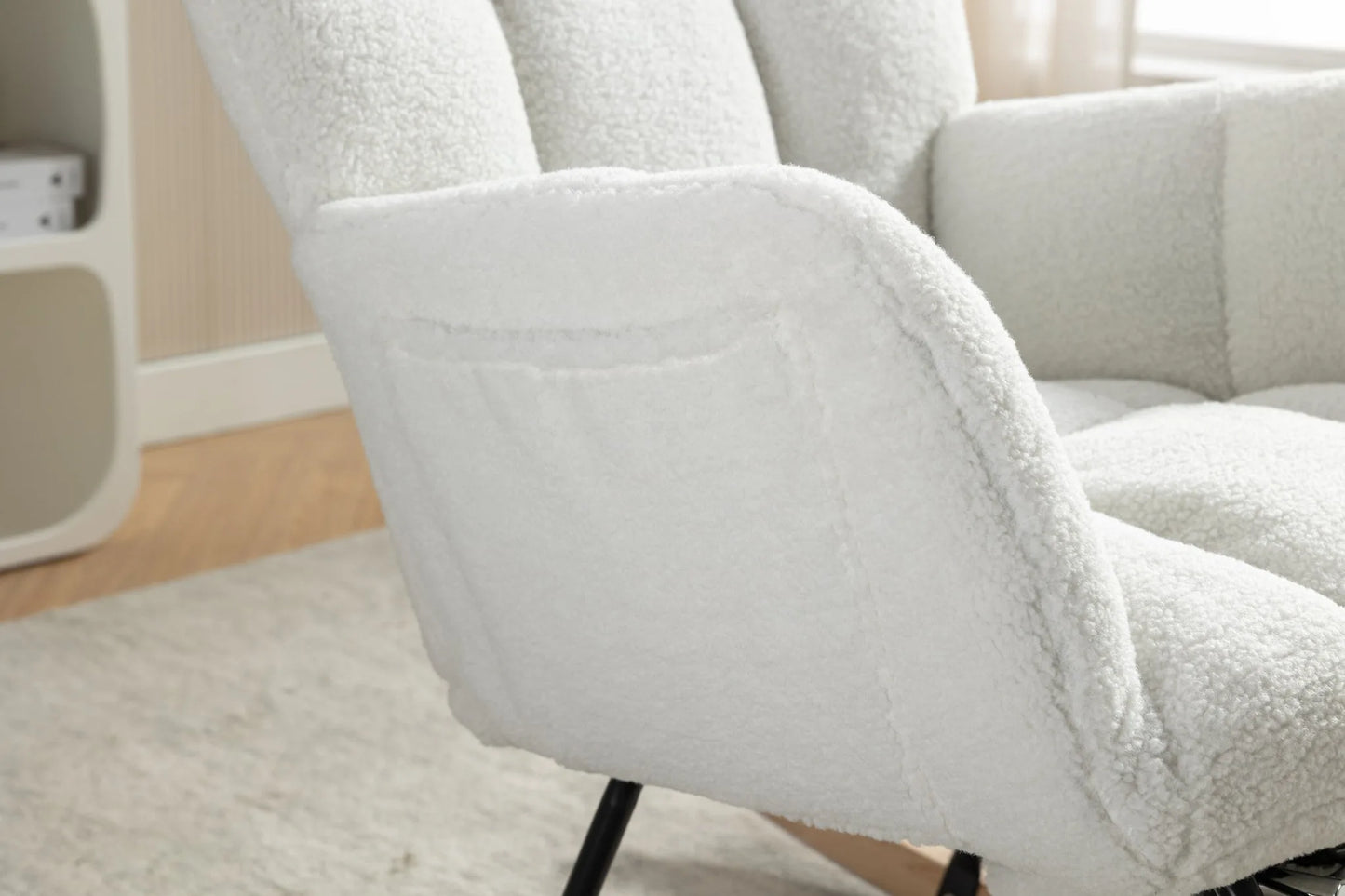 Teddy Fabric Leisure Rocking Chair With Adjustable Footstool, Nursery Rocking Chair, High Backrest, Storage Pocket On The Right Side, The Base Rocker Is Solid Wood And Metal, Dark Gray detail view 64