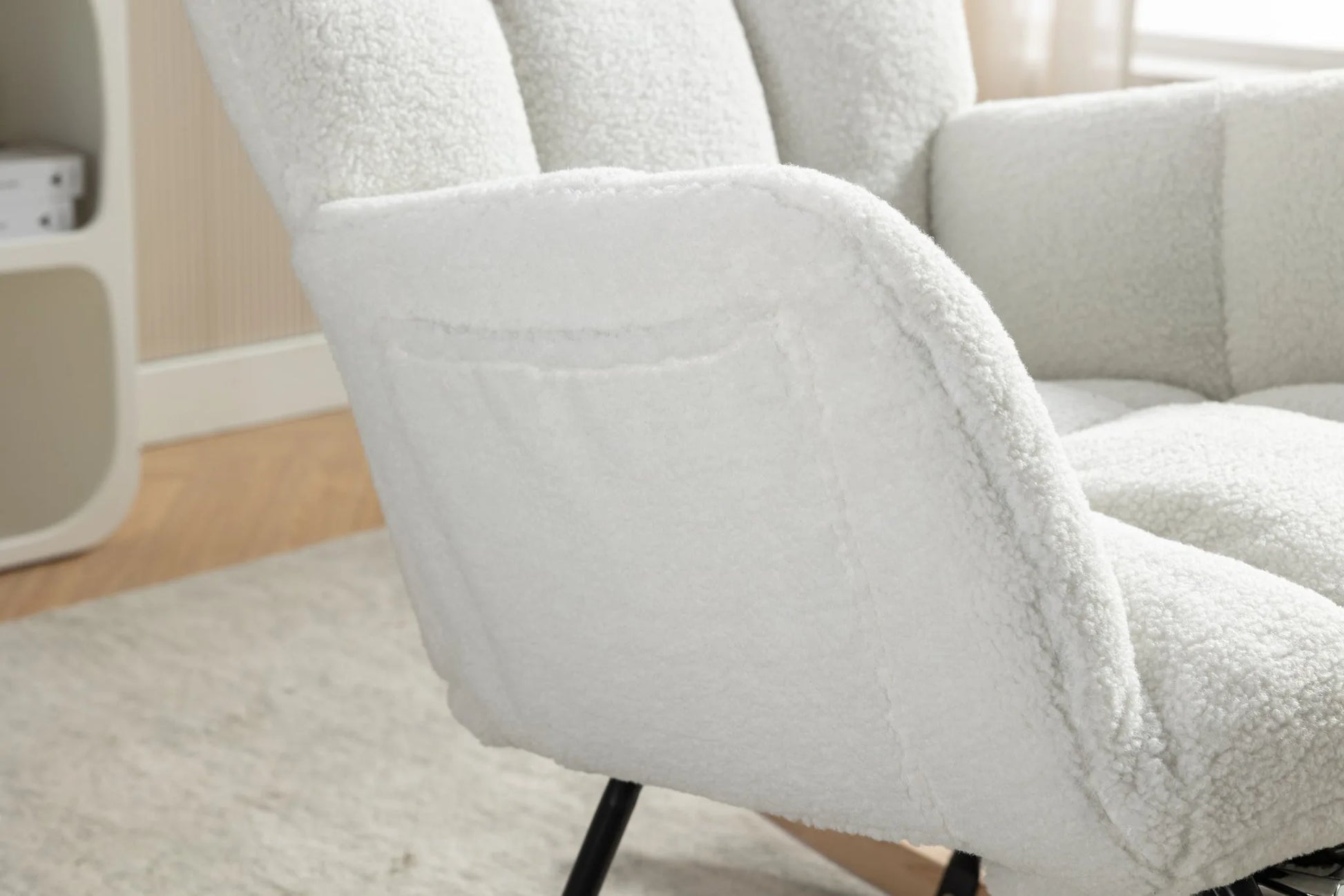 Teddy Fabric Leisure Rocking Chair With Adjustable Footstool, Nursery Rocking Chair, High Backrest, Storage Pocket On The Right Side, The Base Rocker Is Solid Wood And Metal, Dark Gray detail view 64