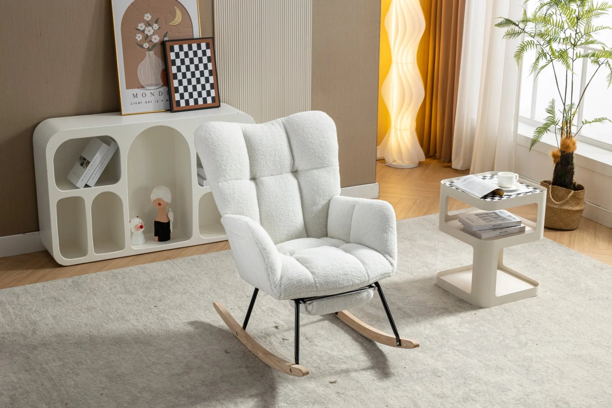 Teddy Fabric Leisure Rocking Chair With Adjustable Footstool, Nursery Rocking Chair, High Backrest, Storage Pocket On The Right Side, The Base Rocker Is Solid Wood And Metal, Dark Gray detail view 66