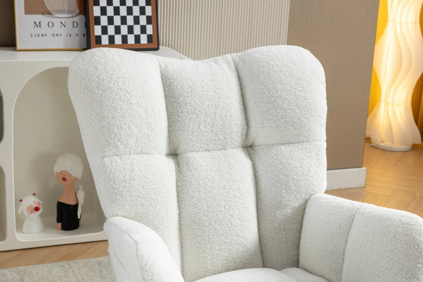 Teddy Fabric Leisure Rocking Chair With Adjustable Footstool, Nursery Rocking Chair, High Backrest, Storage Pocket On The Right Side, The Base Rocker Is Solid Wood And Metal, Dark Gray detail view 67