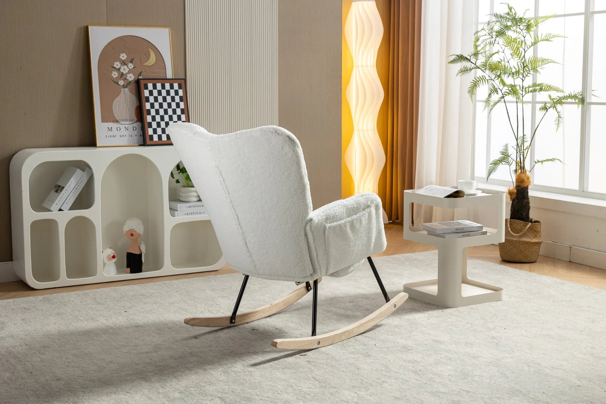 Teddy Fabric Leisure Rocking Chair With Adjustable Footstool, Nursery Rocking Chair, High Backrest, Storage Pocket On The Right Side, The Base Rocker Is Solid Wood And Metal, Dark Gray detail view 69