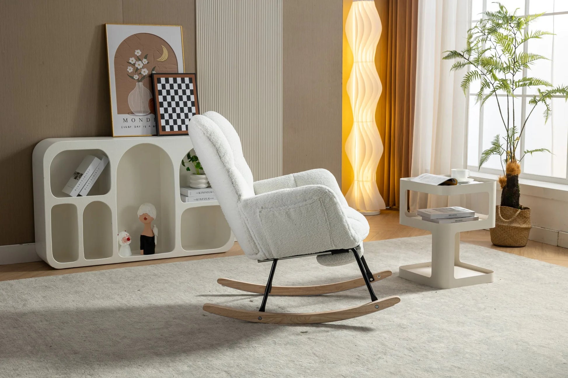 Teddy Fabric Leisure Rocking Chair With Adjustable Footstool, Nursery Rocking Chair, High Backrest, Storage Pocket On The Right Side, The Base Rocker Is Solid Wood And Metal, Dark Gray detail view 70