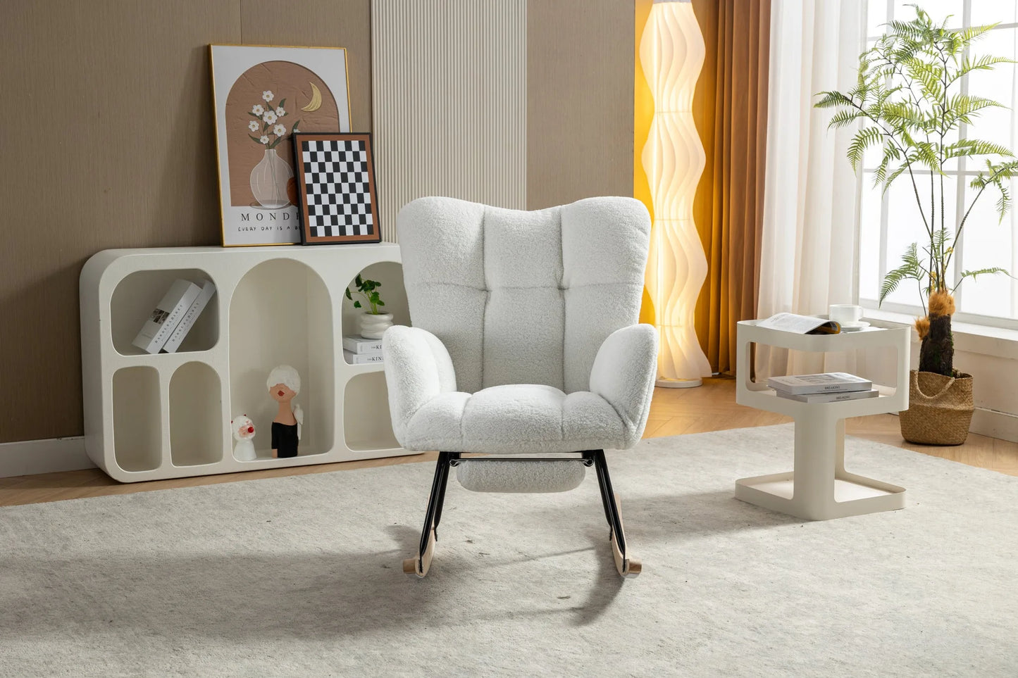 Teddy Fabric Leisure Rocking Chair With Adjustable Footstool, Nursery Rocking Chair, High Backrest, Storage Pocket On The Right Side, The Base Rocker Is Solid Wood And Metal, Dark Gray detail view 71