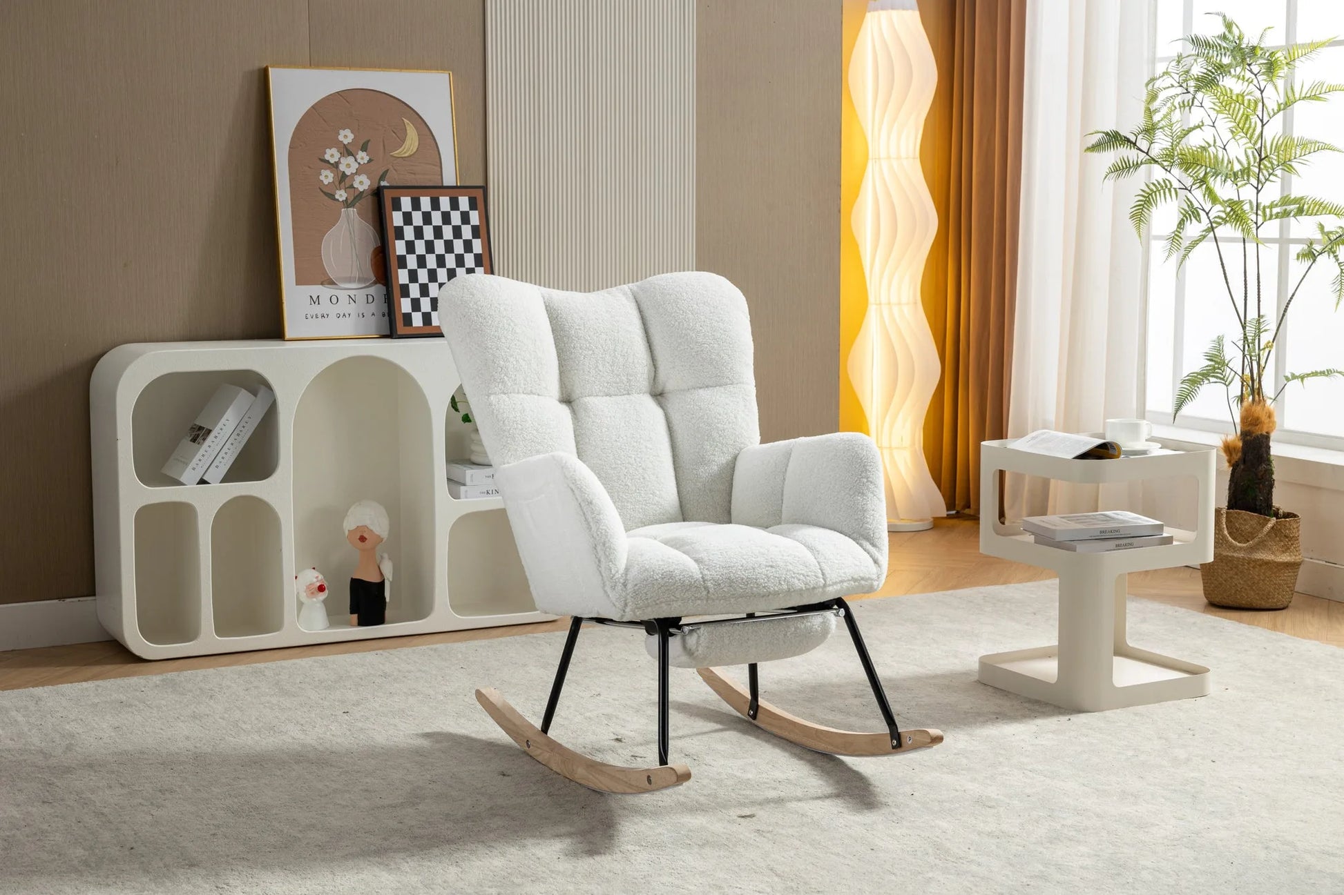 Teddy Fabric Leisure Rocking Chair With Adjustable Footstool, Nursery Rocking Chair, High Backrest, Storage Pocket On The Right Side, The Base Rocker Is Solid Wood And Metal, Dark Gray detail view 72
