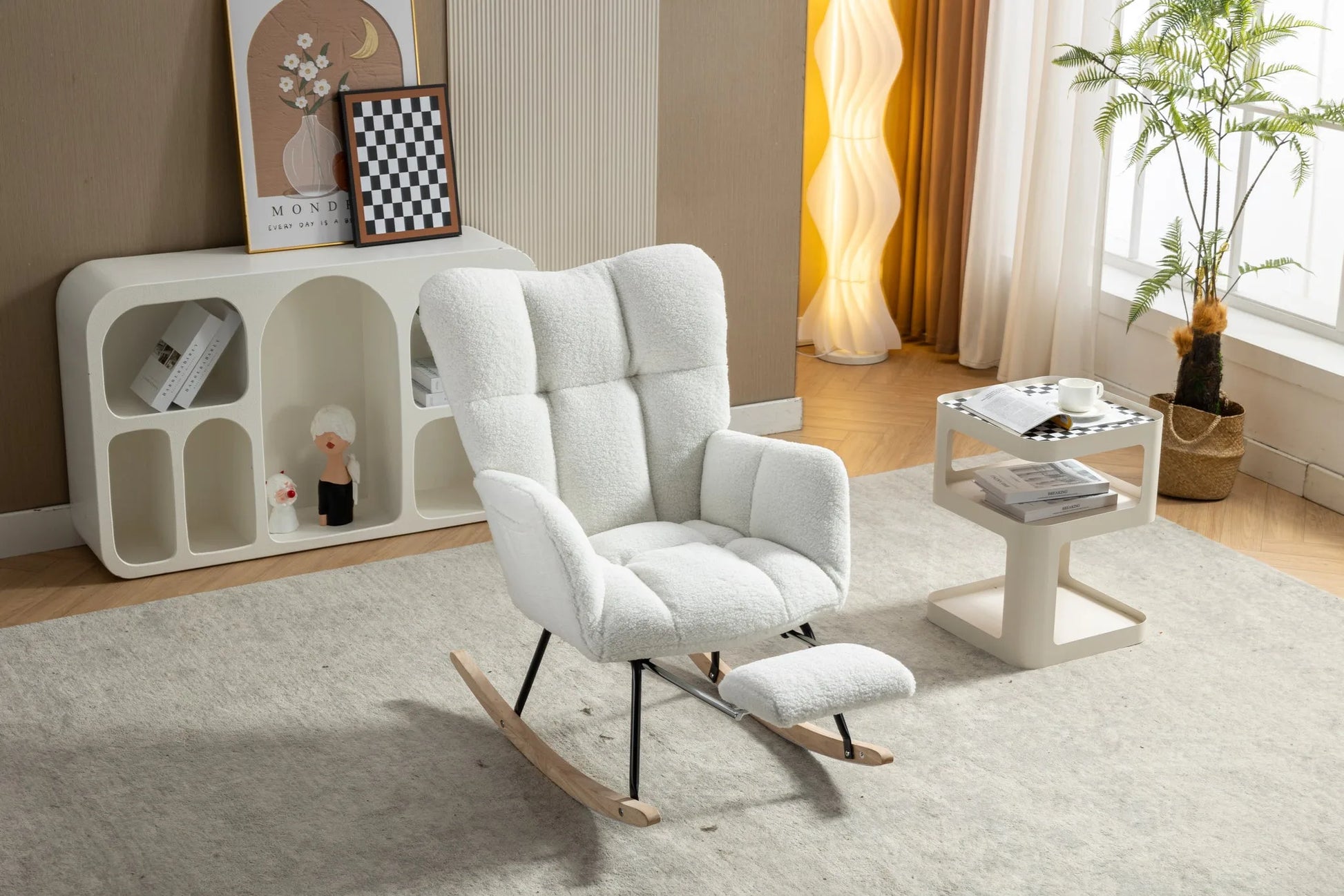 Teddy Fabric Leisure Rocking Chair With Adjustable Footstool, Nursery Rocking Chair, High Backrest, Storage Pocket On The Right Side, The Base Rocker Is Solid Wood And Metal, Dark Gray detail view 73