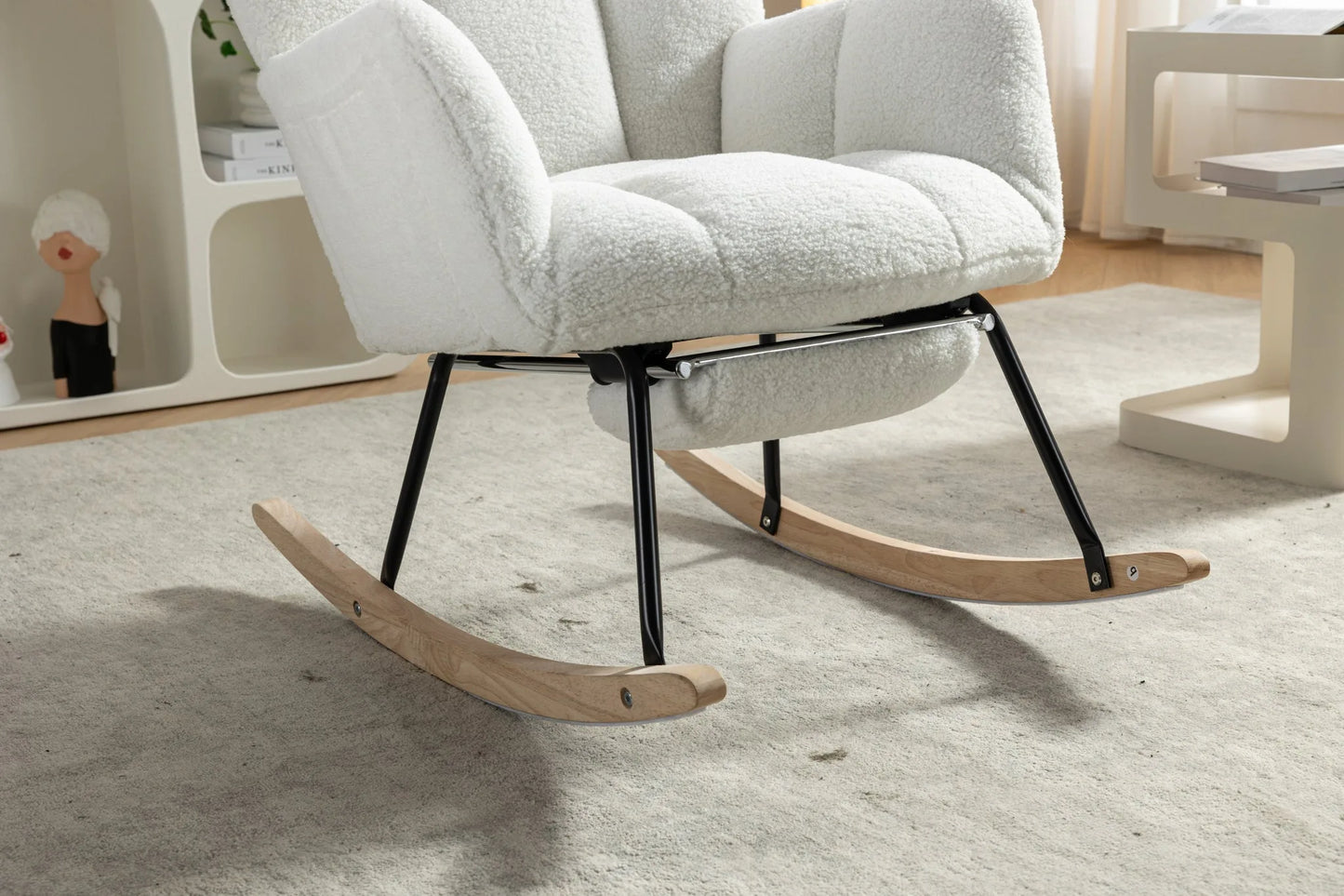 Teddy Fabric Leisure Rocking Chair With Adjustable Footstool, Nursery Rocking Chair, High Backrest, Storage Pocket On The Right Side, The Base Rocker Is Solid Wood And Metal, Dark Gray detail view 75