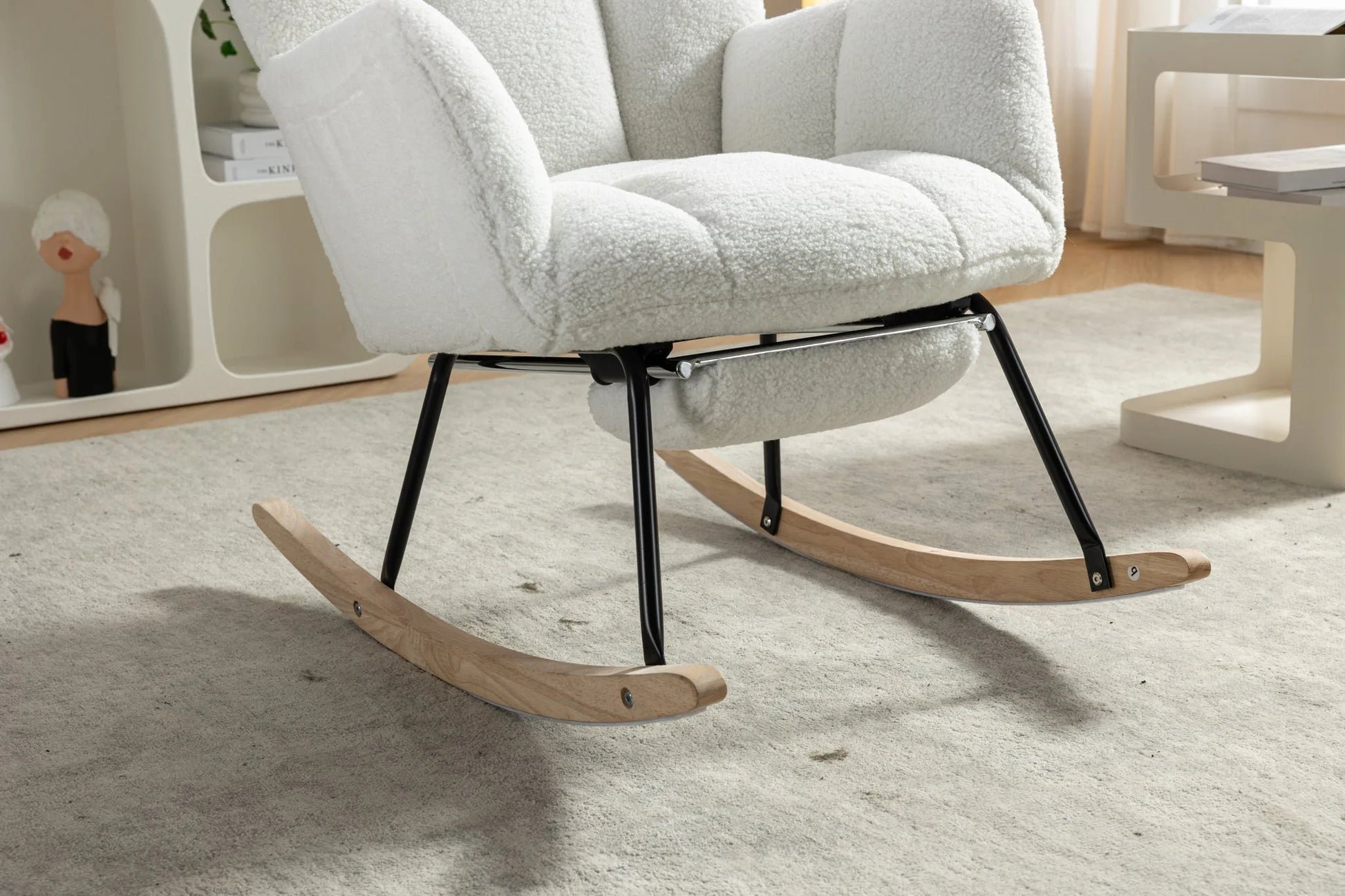 Teddy Fabric Leisure Rocking Chair With Adjustable Footstool, Nursery Rocking Chair, High Backrest, Storage Pocket On The Right Side, The Base Rocker Is Solid Wood And Metal, Dark Gray detail view 75
