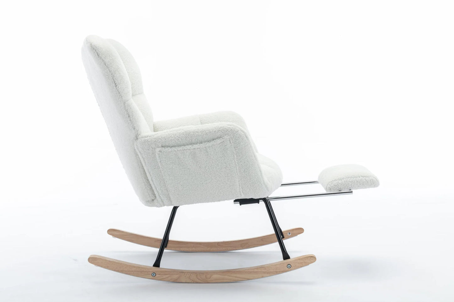 Teddy Fabric Leisure Rocking Chair With Adjustable Footstool, Nursery Rocking Chair, High Backrest, Storage Pocket On The Right Side, The Base Rocker Is Solid Wood And Metal, Dark Gray detail view 76