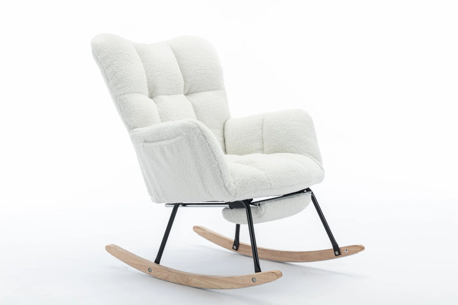 Teddy Fabric Leisure Rocking Chair With Adjustable Footstool, Nursery Rocking Chair, High Backrest, Storage Pocket On The Right Side, The Base Rocker Is Solid Wood And Metal, Dark Gray detail view 77