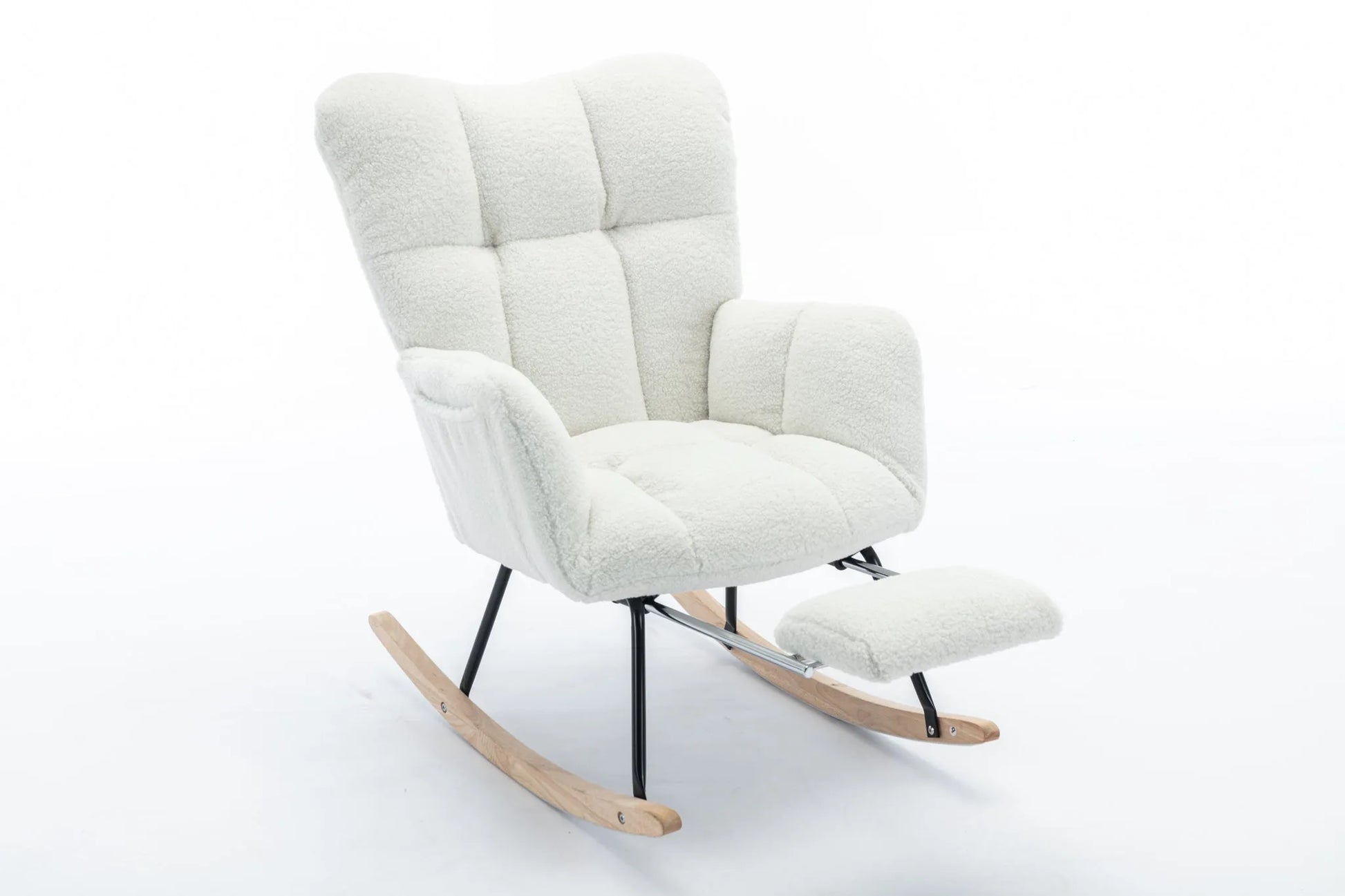 Teddy Fabric Leisure Rocking Chair With Adjustable Footstool, Nursery Rocking Chair, High Backrest, Storage Pocket On The Right Side, The Base Rocker Is Solid Wood And Metal, Dark Gray detail view 78