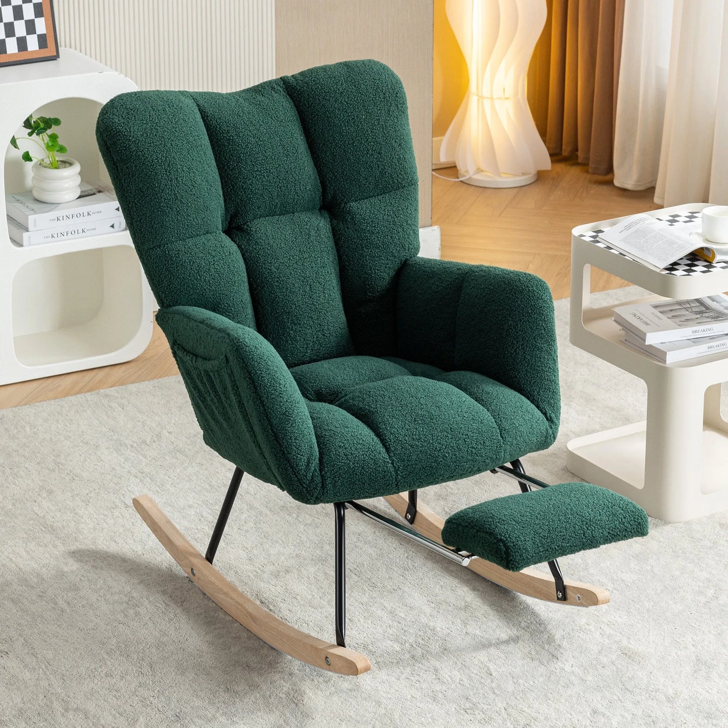 Teddy Fabric Leisure Rocking Chair With Adjustable Footstool, Nursery Rocking Chair, High Backrest, Storage Pocket On The Right Side, The Base Rocker Is Solid Wood And Metal, Dark Gray detail view 82