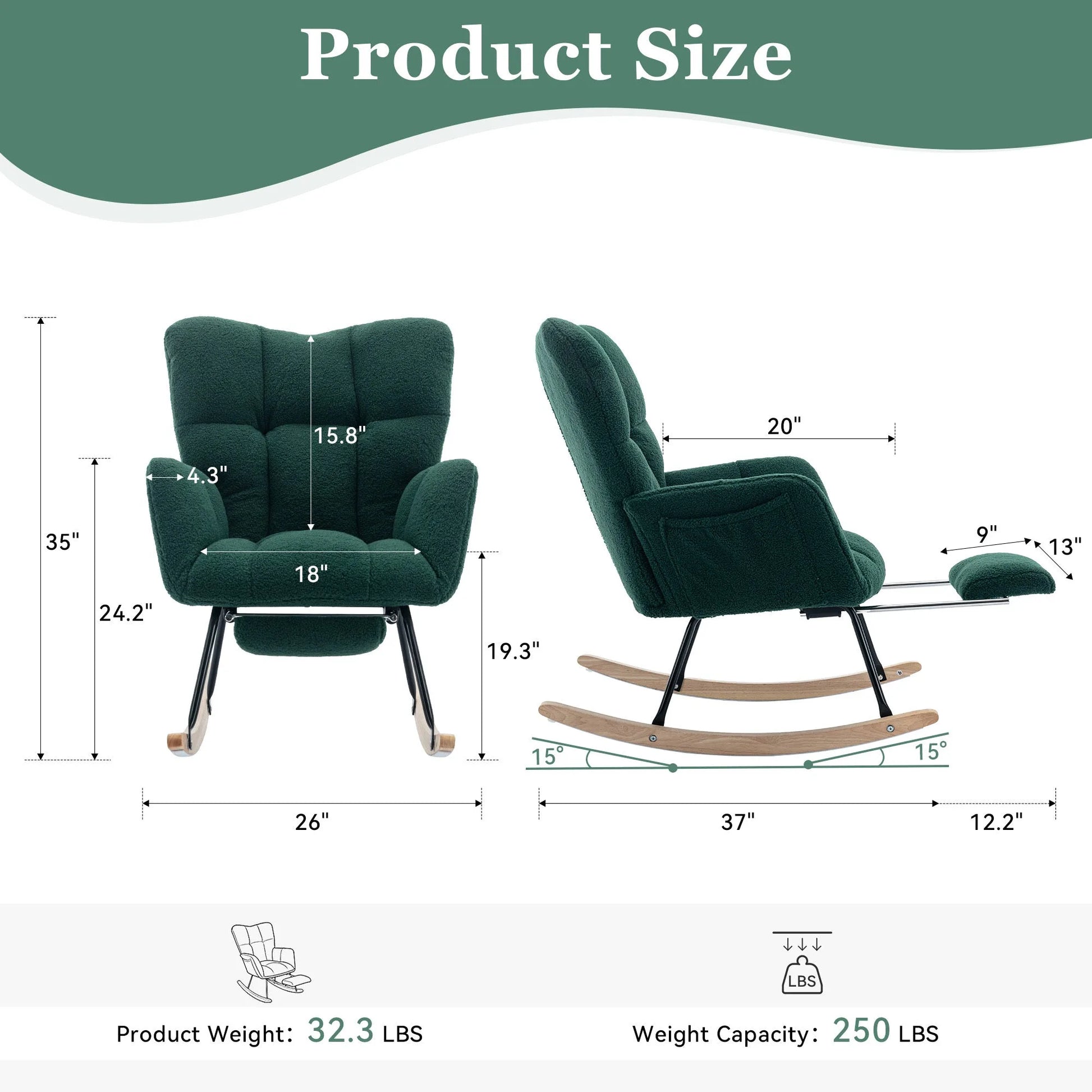 Teddy Fabric Leisure Rocking Chair With Adjustable Footstool, Nursery Rocking Chair, High Backrest, Storage Pocket On The Right Side, The Base Rocker Is Solid Wood And Metal, Dark Gray detail view 83