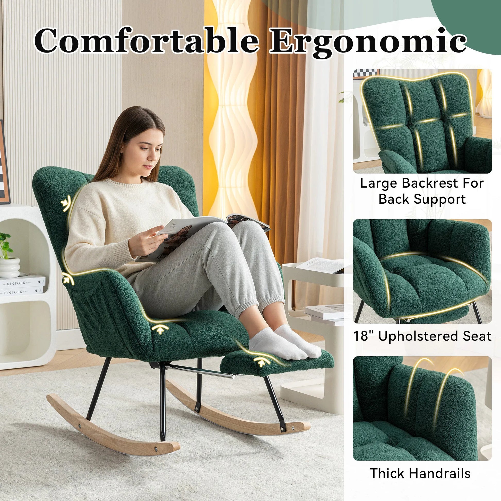 Teddy Fabric Leisure Rocking Chair With Adjustable Footstool, Nursery Rocking Chair, High Backrest, Storage Pocket On The Right Side, The Base Rocker Is Solid Wood And Metal, Dark Gray detail view 85