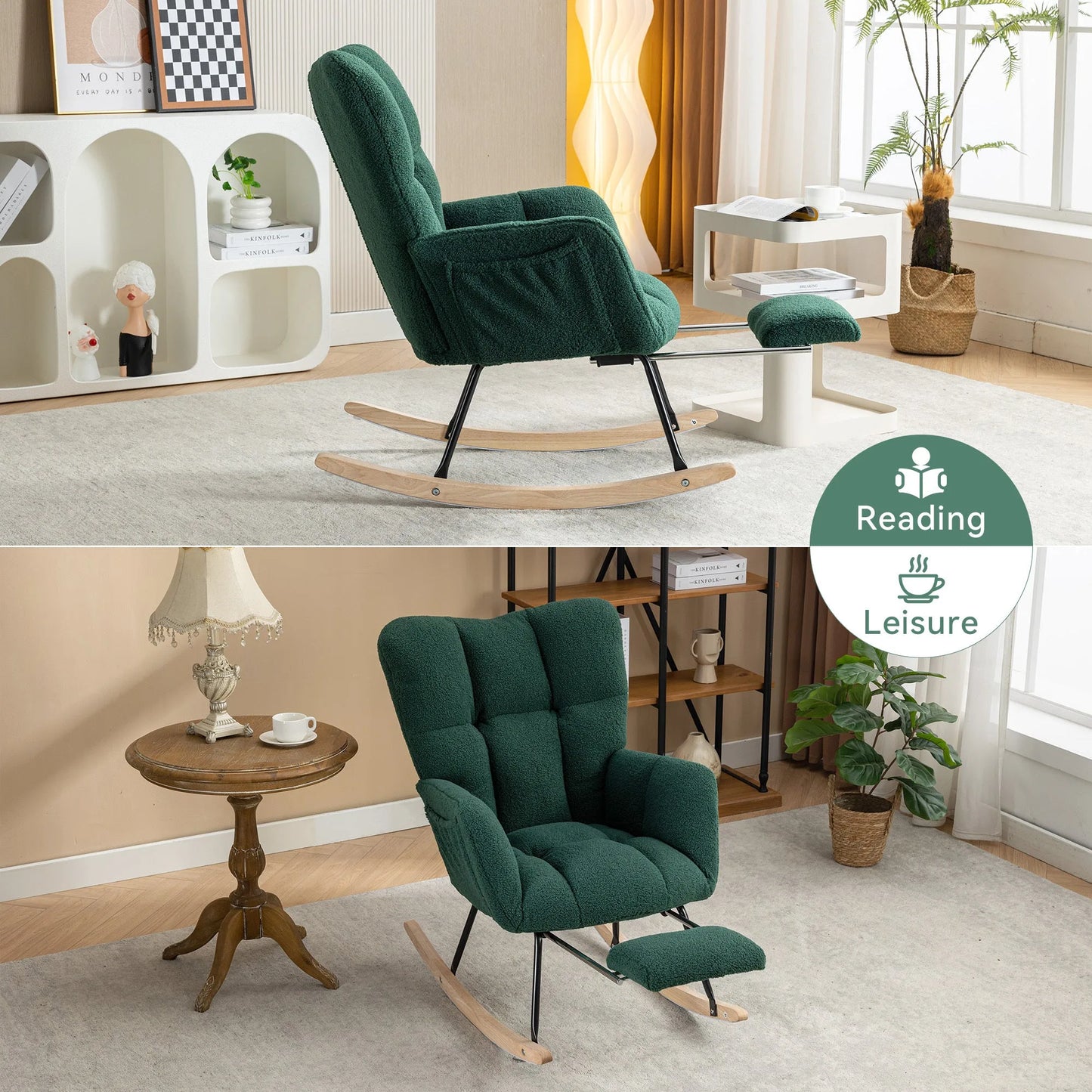 Teddy Fabric Leisure Rocking Chair With Adjustable Footstool, Nursery Rocking Chair, High Backrest, Storage Pocket On The Right Side, The Base Rocker Is Solid Wood And Metal, Dark Gray detail view 87