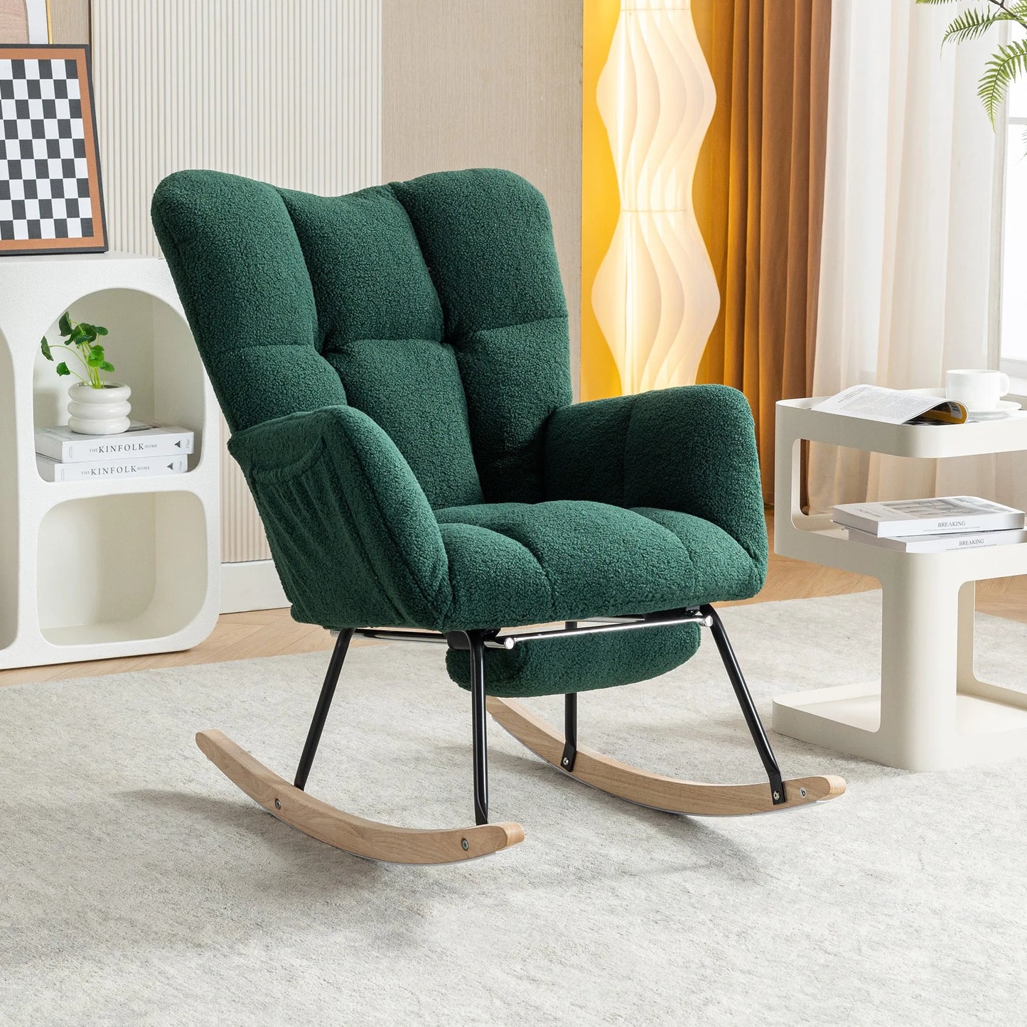 Teddy Fabric Leisure Rocking Chair With Adjustable Footstool, Nursery Rocking Chair, High Backrest, Storage Pocket On The Right Side, The Base Rocker Is Solid Wood And Metal, Dark Gray detail view 89