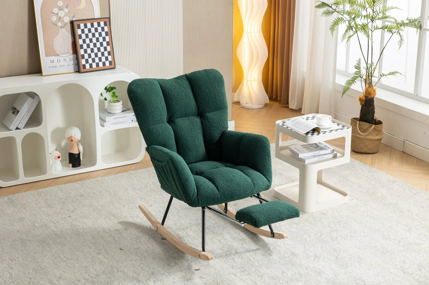 Teddy Fabric Leisure Rocking Chair With Adjustable Footstool, Nursery Rocking Chair, High Backrest, Storage Pocket On The Right Side, The Base Rocker Is Solid Wood And Metal, Dark Gray detail view 93