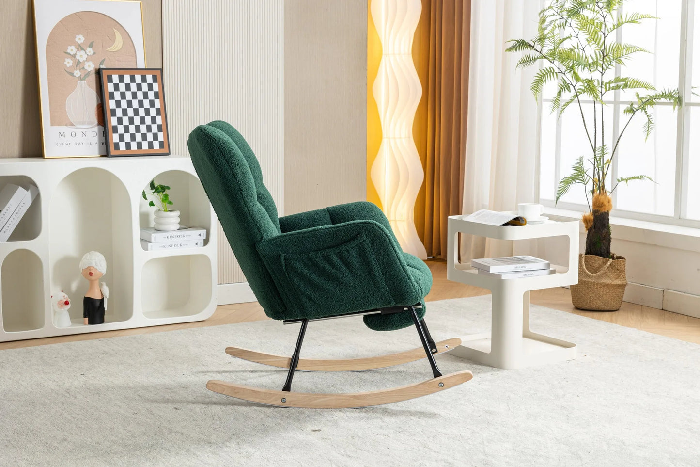 Teddy Fabric Leisure Rocking Chair With Adjustable Footstool, Nursery Rocking Chair, High Backrest, Storage Pocket On The Right Side, The Base Rocker Is Solid Wood And Metal, Dark Gray detail view 94