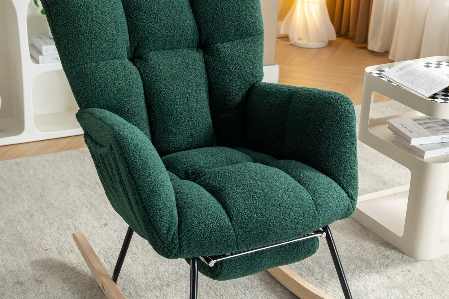Teddy Fabric Leisure Rocking Chair With Adjustable Footstool, Nursery Rocking Chair, High Backrest, Storage Pocket On The Right Side, The Base Rocker Is Solid Wood And Metal, Dark Gray detail view 97