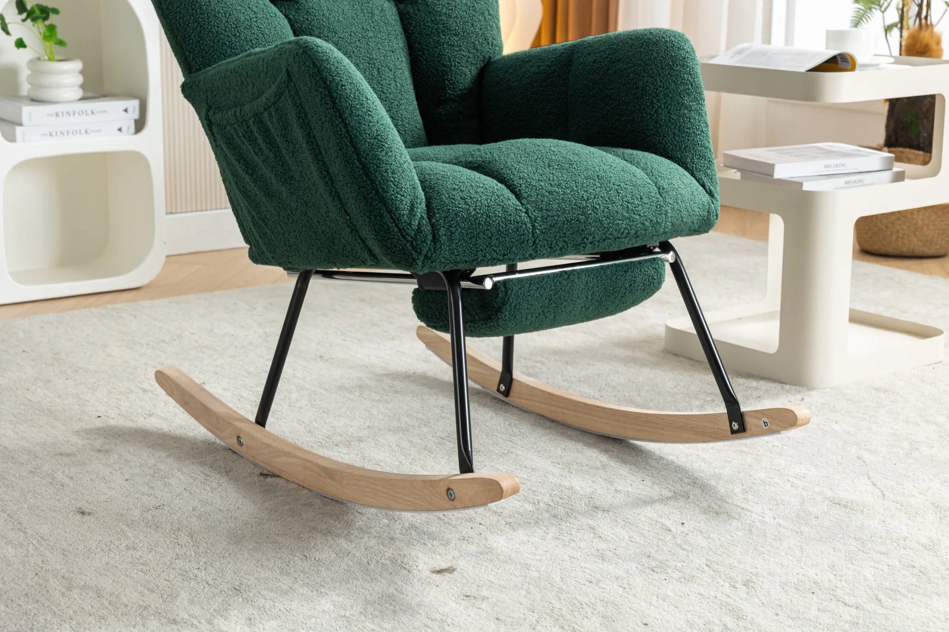 Teddy Fabric Leisure Rocking Chair With Adjustable Footstool, Nursery Rocking Chair, High Backrest, Storage Pocket On The Right Side, The Base Rocker Is Solid Wood And Metal, Dark Gray detail view 98