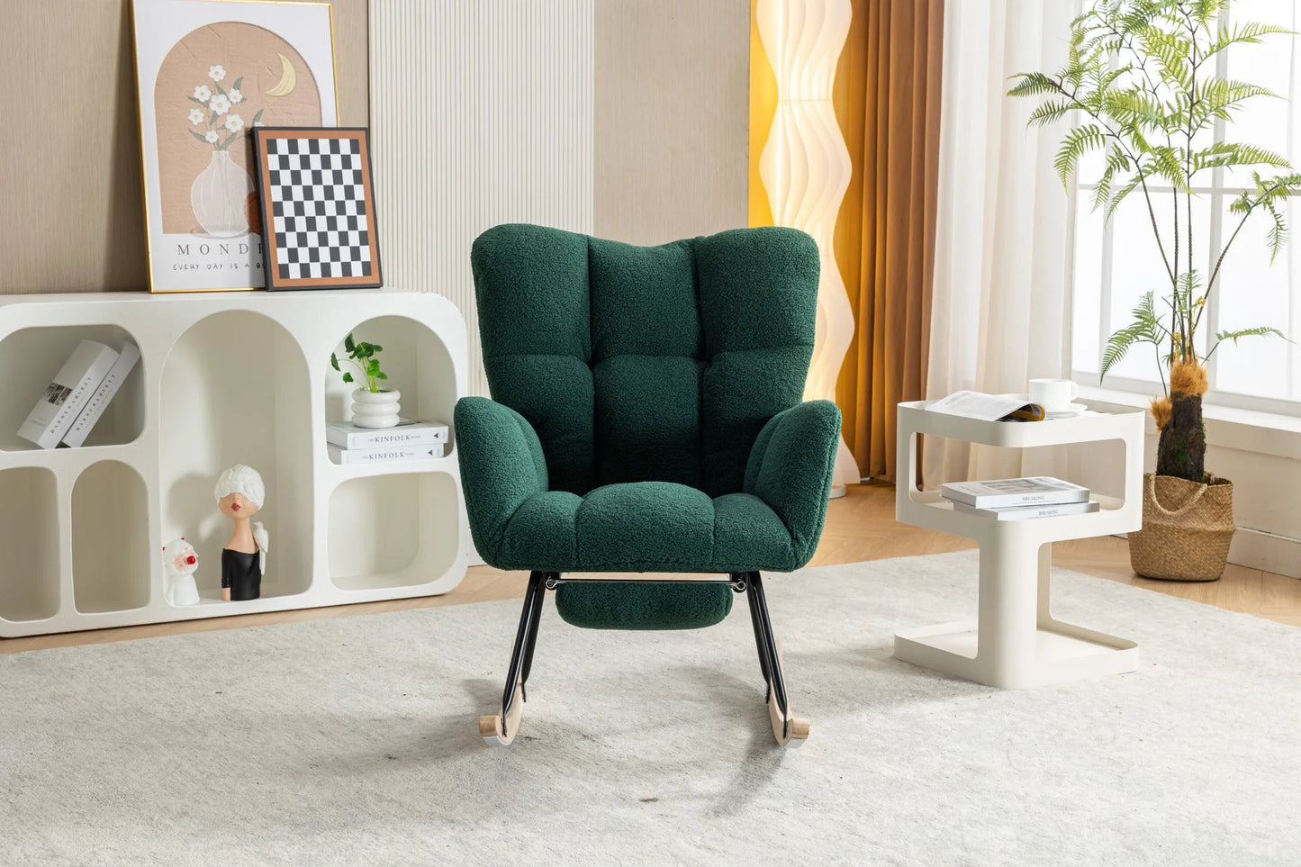 Teddy Fabric Leisure Rocking Chair With Adjustable Footstool, Nursery Rocking Chair, High Backrest, Storage Pocket On The Right Side, The Base Rocker Is Solid Wood And Metal, Dark Gray detail view 99