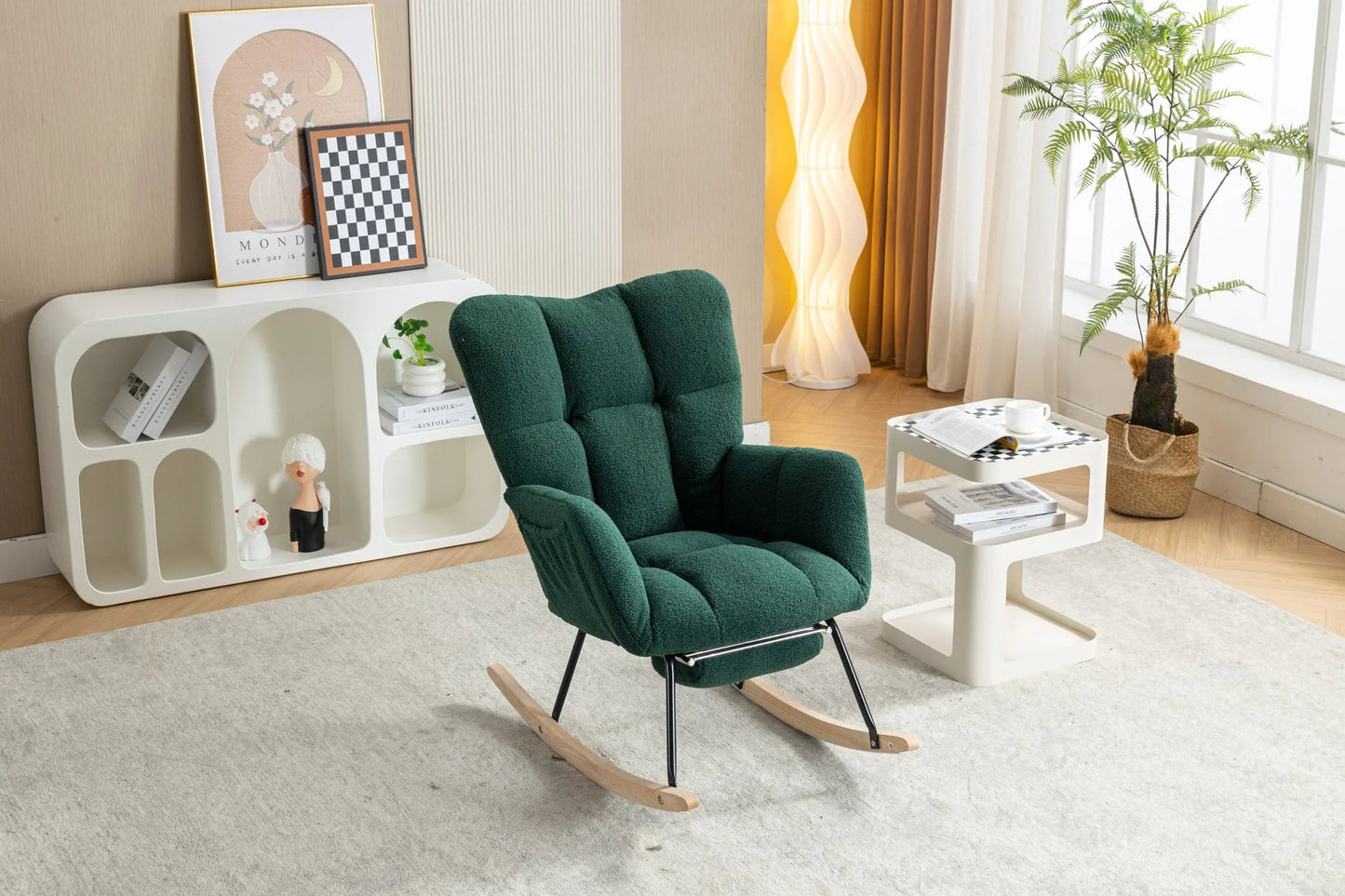 Teddy Fabric Leisure Rocking Chair With Adjustable Footstool, Nursery Rocking Chair, High Backrest, Storage Pocket On The Right Side, The Base Rocker Is Solid Wood And Metal, Dark Gray detail view 101