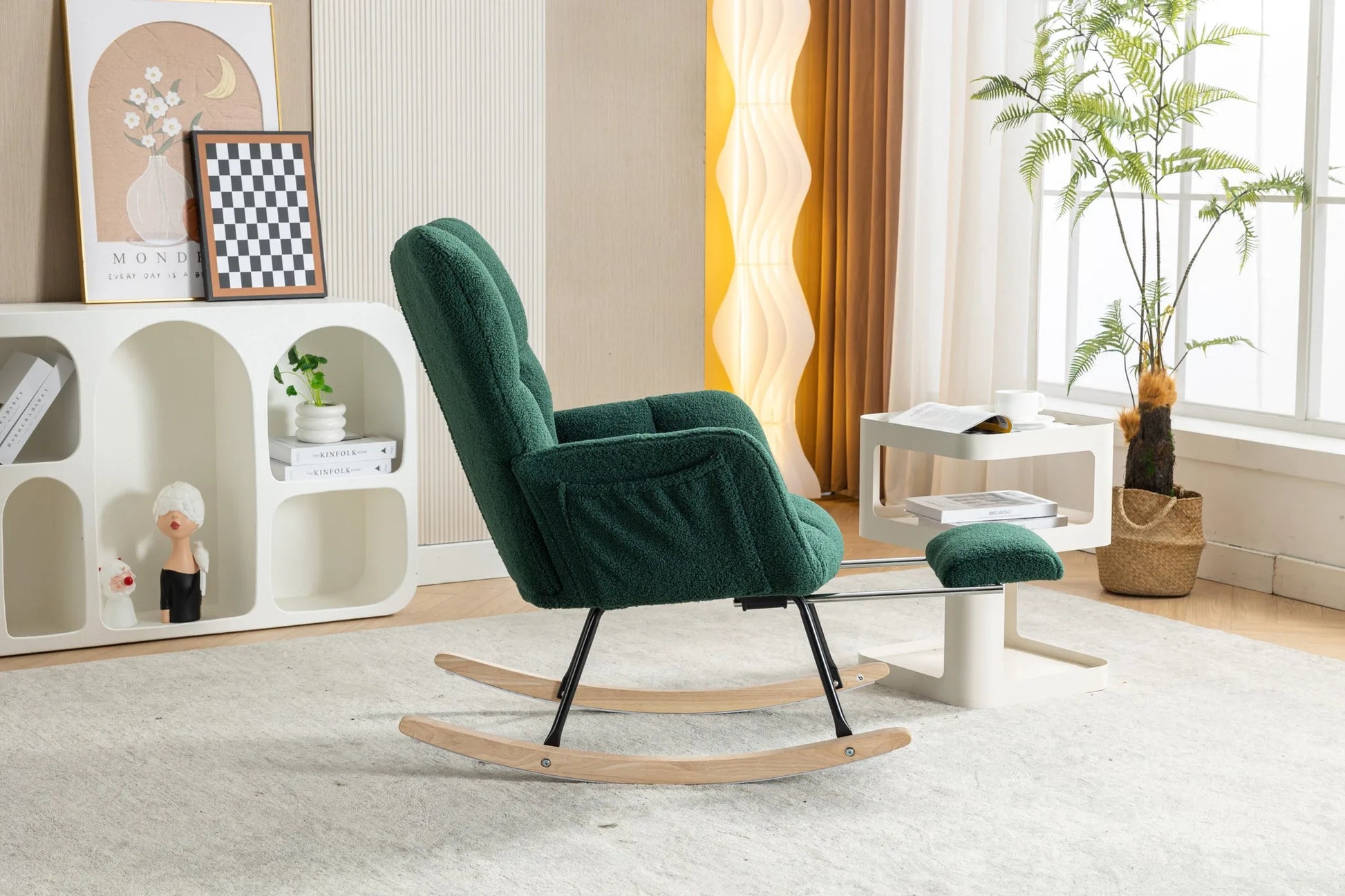 Teddy Fabric Leisure Rocking Chair With Adjustable Footstool, Nursery Rocking Chair, High Backrest, Storage Pocket On The Right Side, The Base Rocker Is Solid Wood And Metal, Dark Gray detail view 102