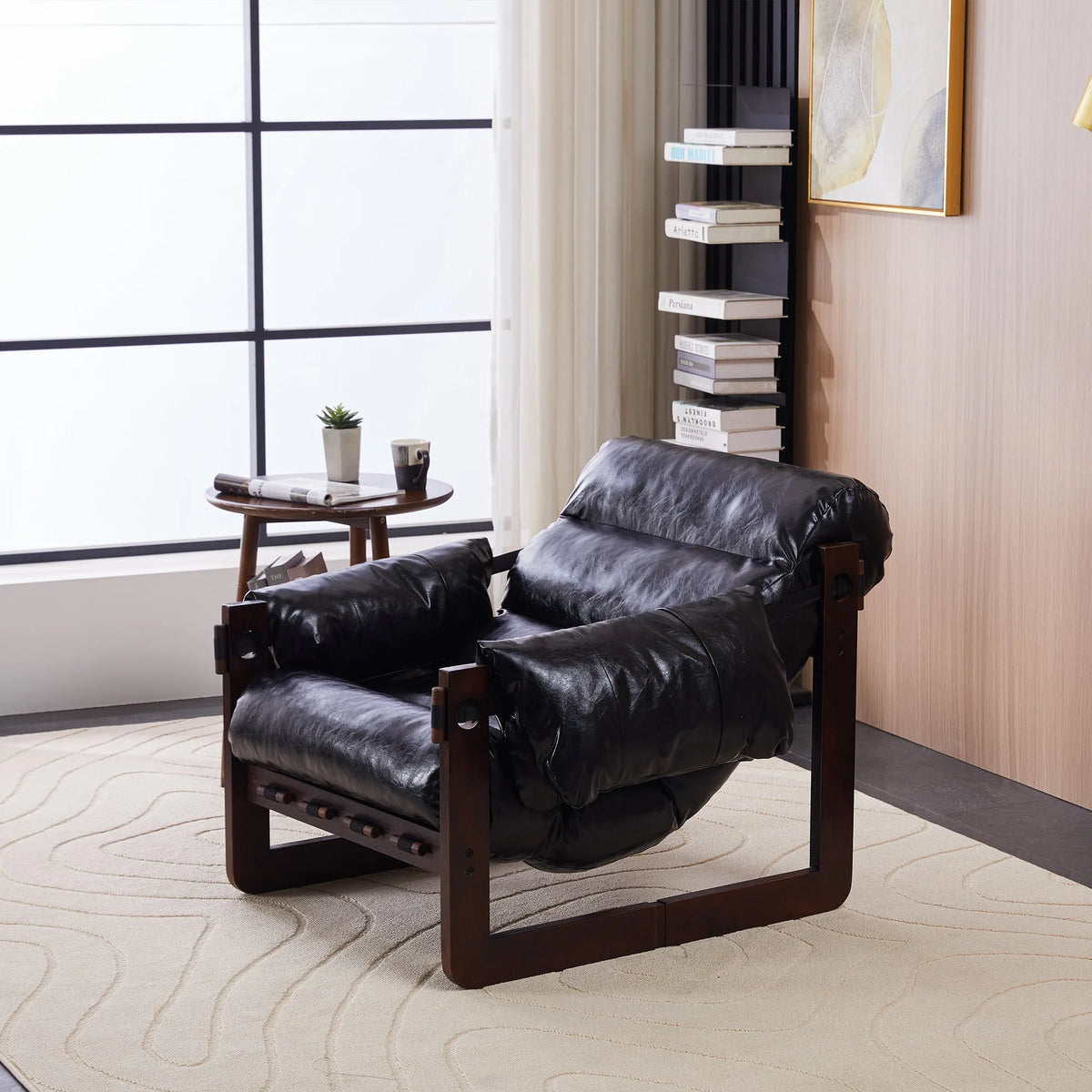 Vintage Oil-Wax Leather Lounge Chair with Removable Armrests, Antique Black