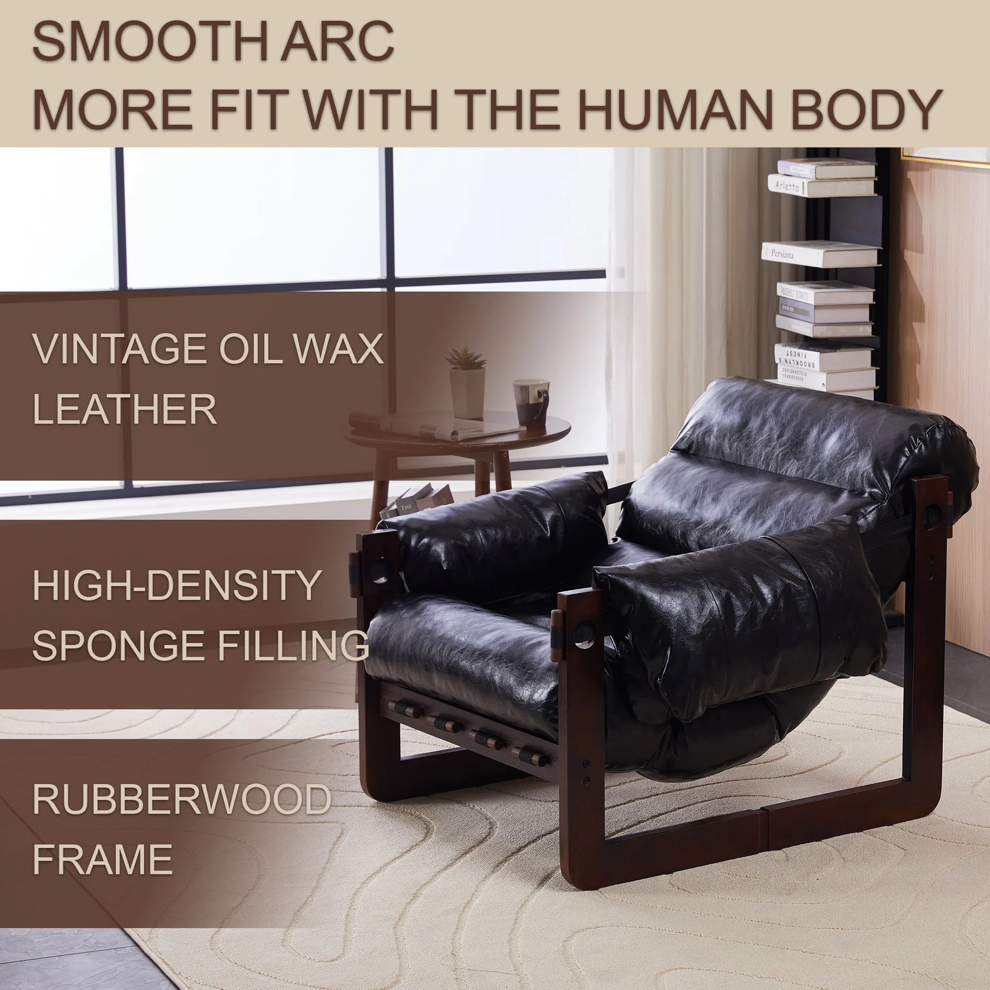 Medieval modern style lounge chair, removable armrests, vintage oil wax leather sofa chair, vintage style decorative chair, suitable for living room, study, office.Antique Black detail view 2