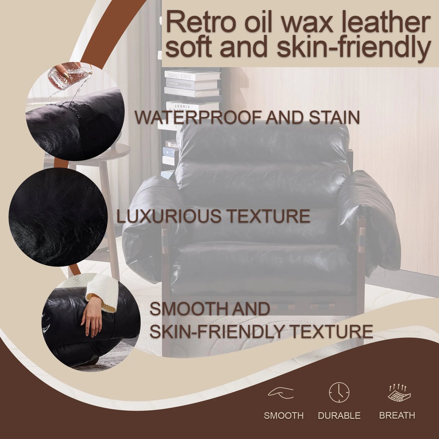 Medieval modern style lounge chair, removable armrests, vintage oil wax leather sofa chair, vintage style decorative chair, suitable for living room, study, office.Antique Black detail view 4