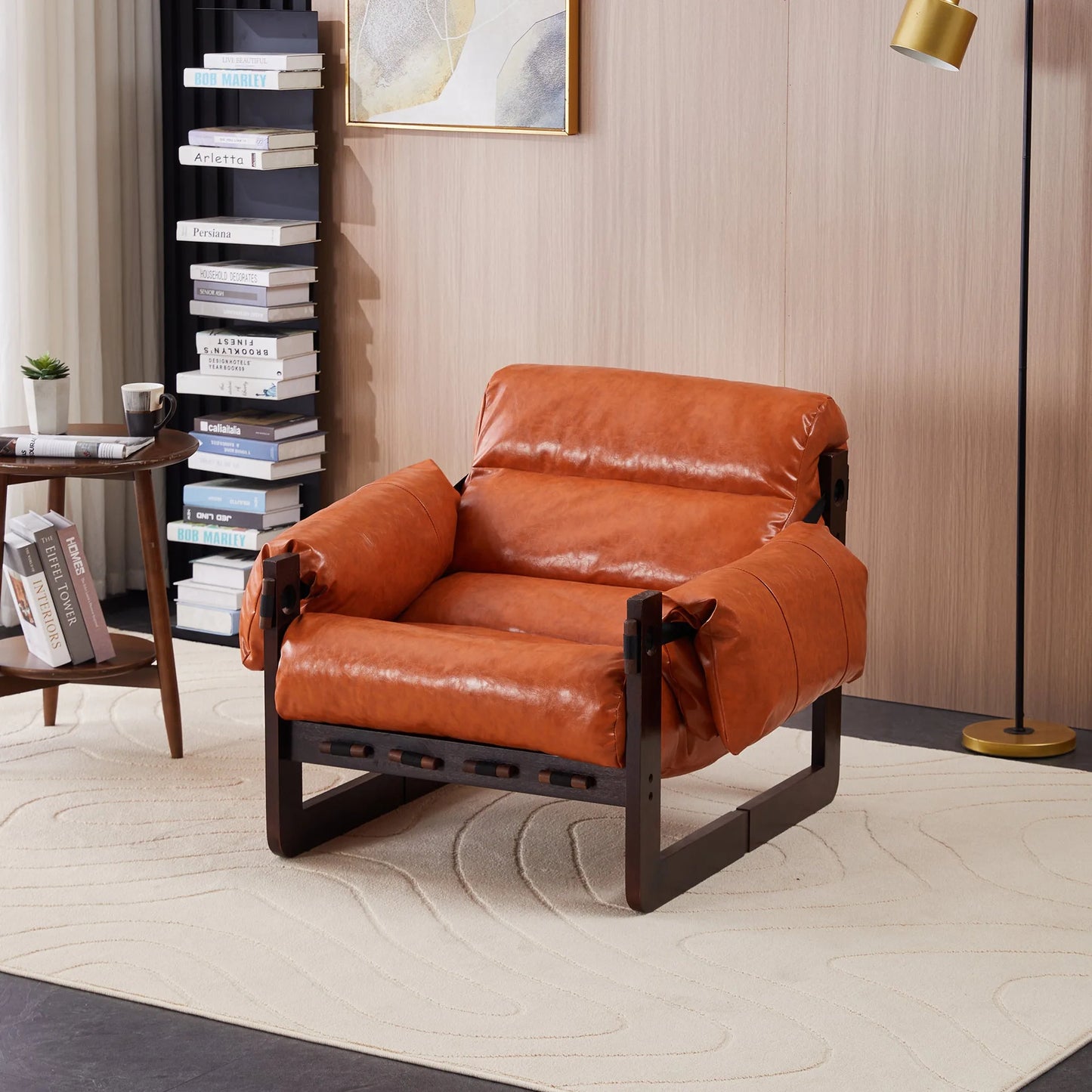 Medieval modern style lounge chair, removable armrests, vintage oil wax leather sofa chair, vintage style decorative chair, suitable for living room, study, office.Antique Black detail view 54