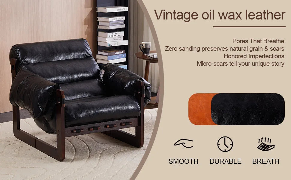 Medieval modern style lounge chair, removable armrests, vintage oil wax leather sofa chair, vintage style decorative chair, suitable for living room, study, office.Antique Black detail view 65