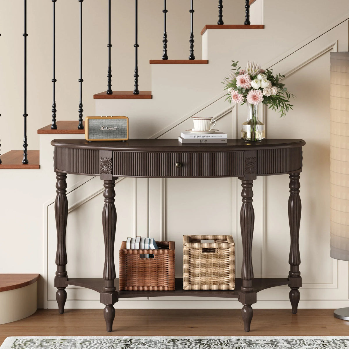 Solid Wood Half-Moon Console Table with Drawer, Shelf and Fluted Legs, Deep Rustic Brown
