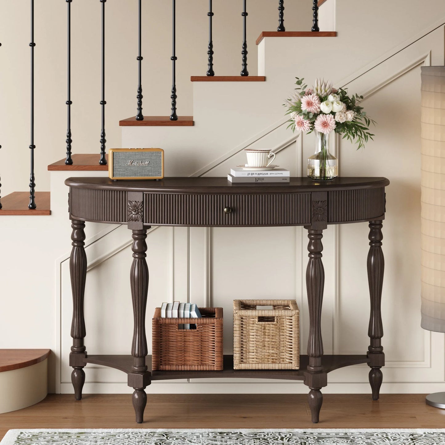 Solid Wood Half Moon Console Table with Drawer & Shelf, Fluted Vintage Curved Entryway Table for Hallway Living Room Foyer, Narrow Space Sofa Table with Roman Column Carved Legs, Deep Rustic Brown lifestyle view