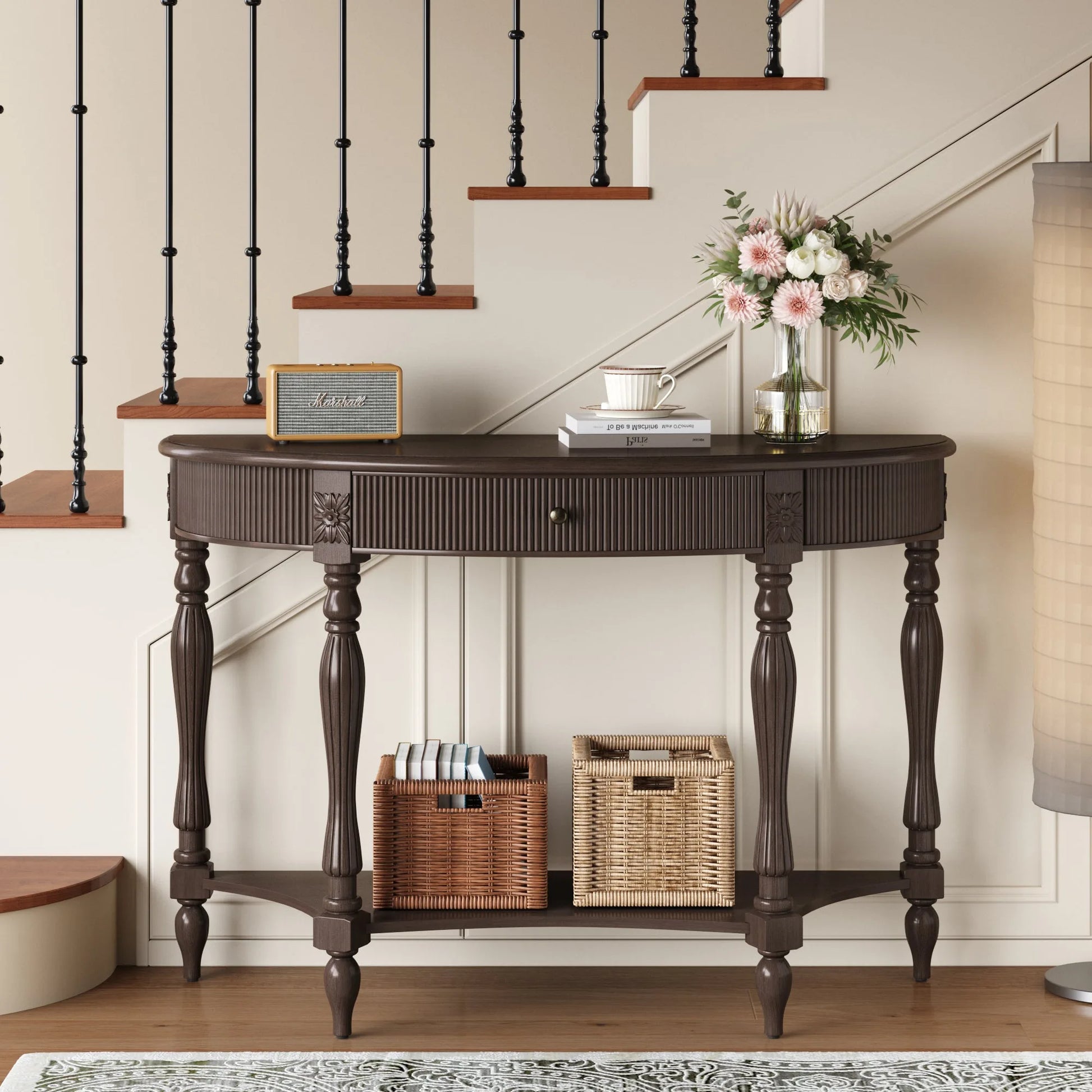 Solid Wood Half Moon Console Table with Drawer & Shelf, Fluted Vintage Curved Entryway Table for Hallway Living Room Foyer, Narrow Space Sofa Table with Roman Column Carved Legs, Deep Rustic Brown lifestyle view